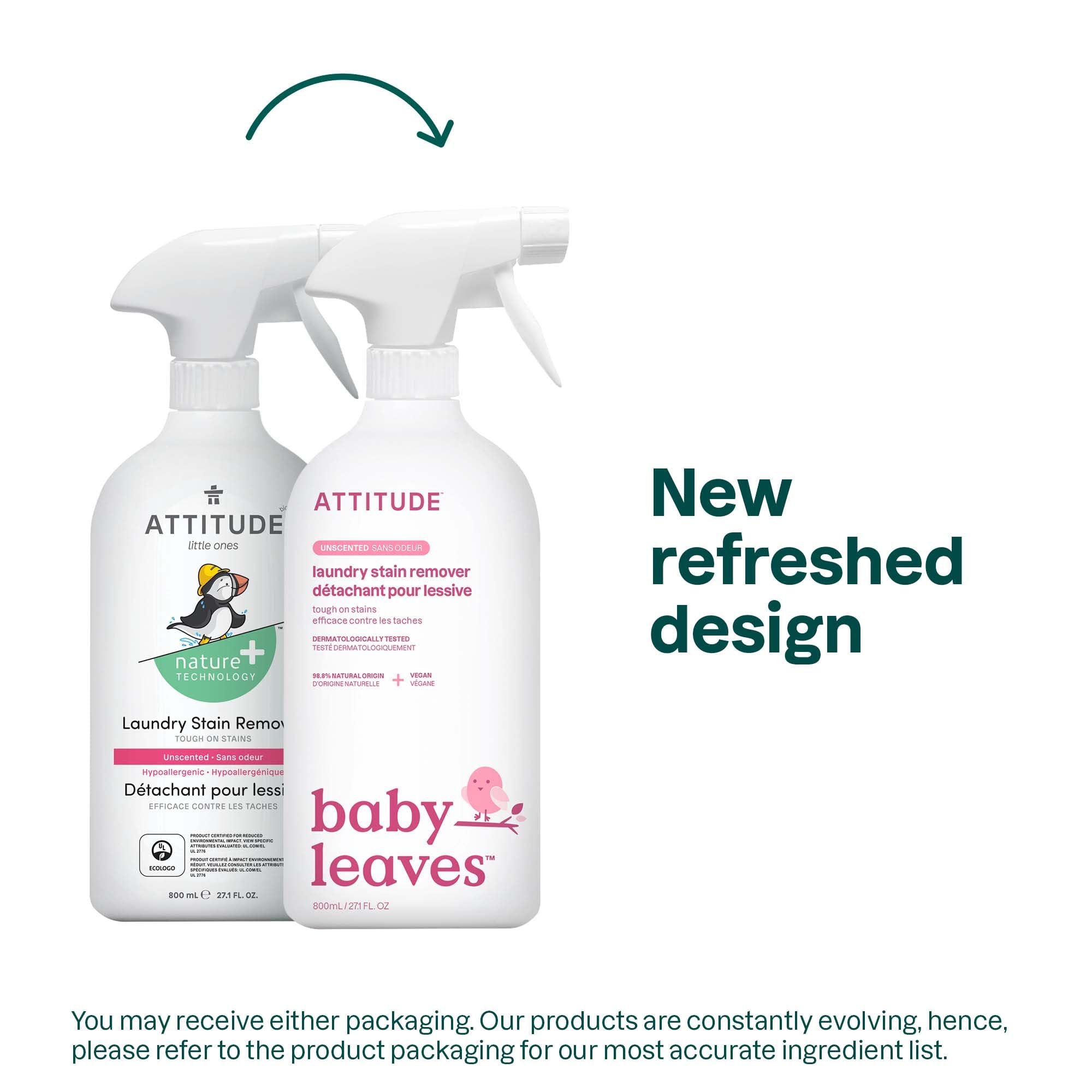 ATTITUDE Baby Laundry Stain Remover, Plant and Mineral-Based Ingredients, Vegan and Cruelty-free Household Products, Unscented, 27.1 Fl Oz