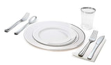" OCCASIONS " 320 pcs/40 Guest-Full Tableware Set-Wedding Disposable Plastic Plates Silverware, Silver Rimmed Tumblers and White Paper Napkins (Combo