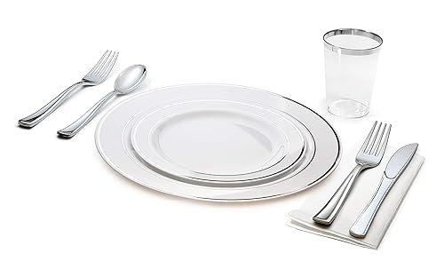 " OCCASIONS " 320 pcs/40 Guest-Full Tableware Set-Wedding Disposable Plastic Plates Silverware, Silver Rimmed Tumblers and White Paper Napkins (Combo