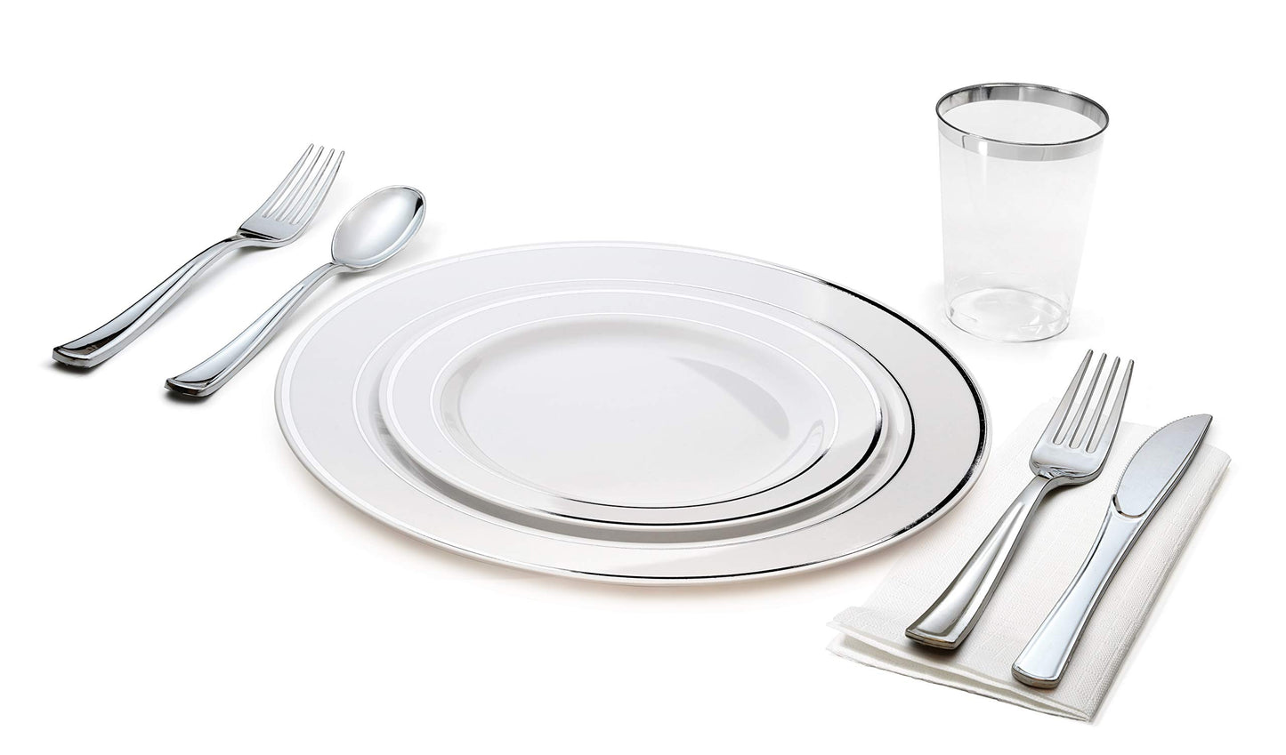 " OCCASIONS " 320 pcs/40 Guest-Full Tableware Set-Wedding Disposable Plastic Plates Silverware, Silver Rimmed Tumblers and White Paper Napkins (Combo