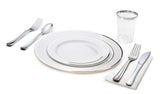 " OCCASIONS " 320 pcs/40 Guest-Full Tableware Set-Wedding Disposable Plastic Plates Silverware, Silver Rimmed Tumblers and White Paper Napkins (Combo
