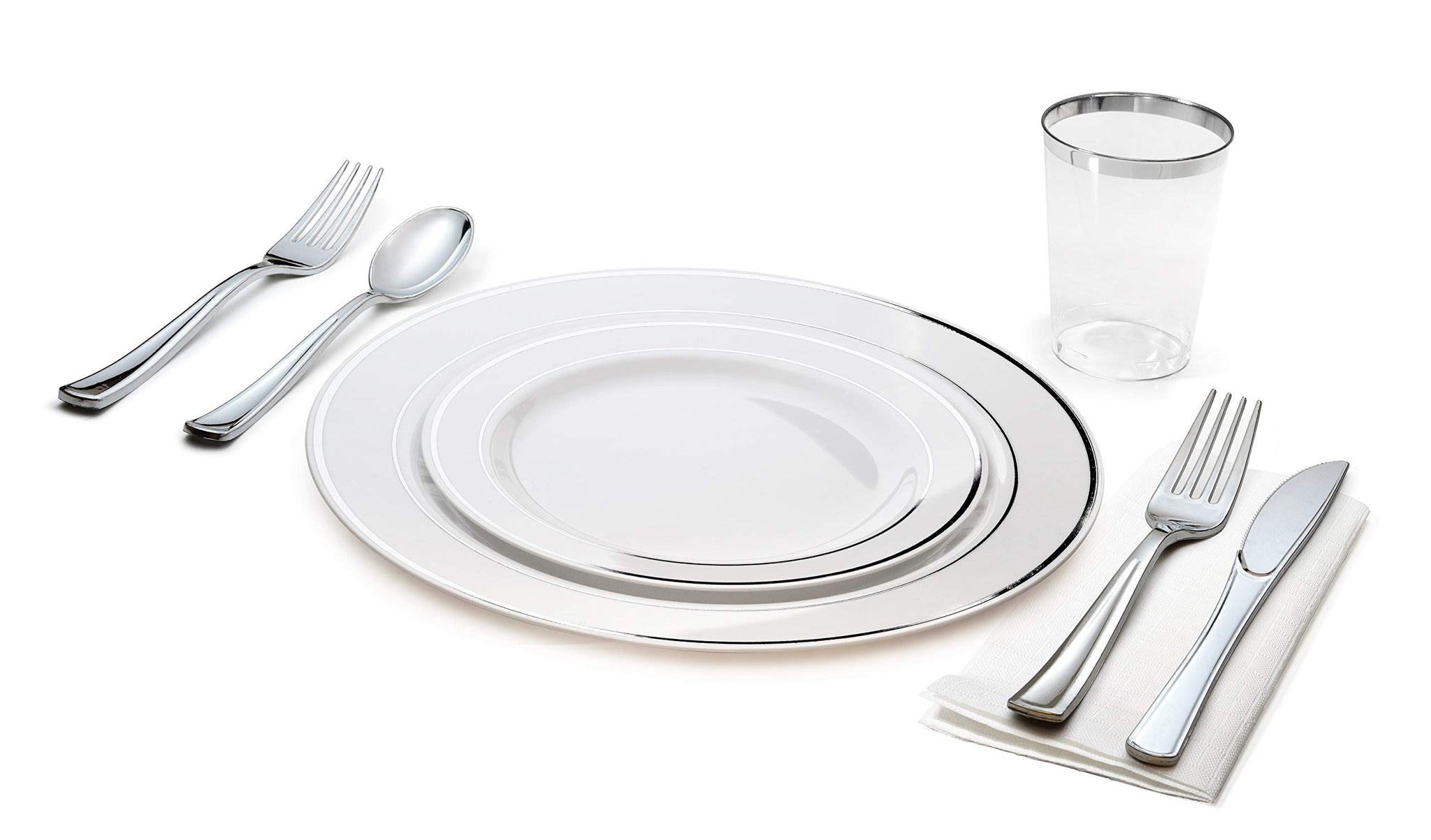 " OCCASIONS " 320 pcs/40 Guest-Full Tableware Set-Wedding Disposable Plastic Plates Silverware, Silver Rimmed Tumblers and White Paper Napkins (Combo