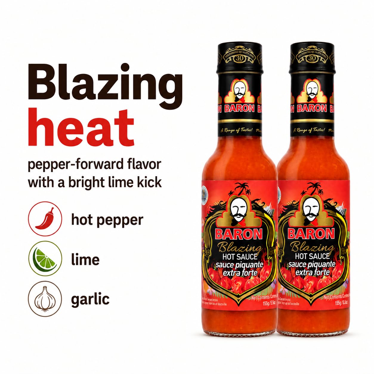 Baron Blazing Hot Sauce, Caribbean Pepper Sauce, 5 oz Bottles, Pack of 2