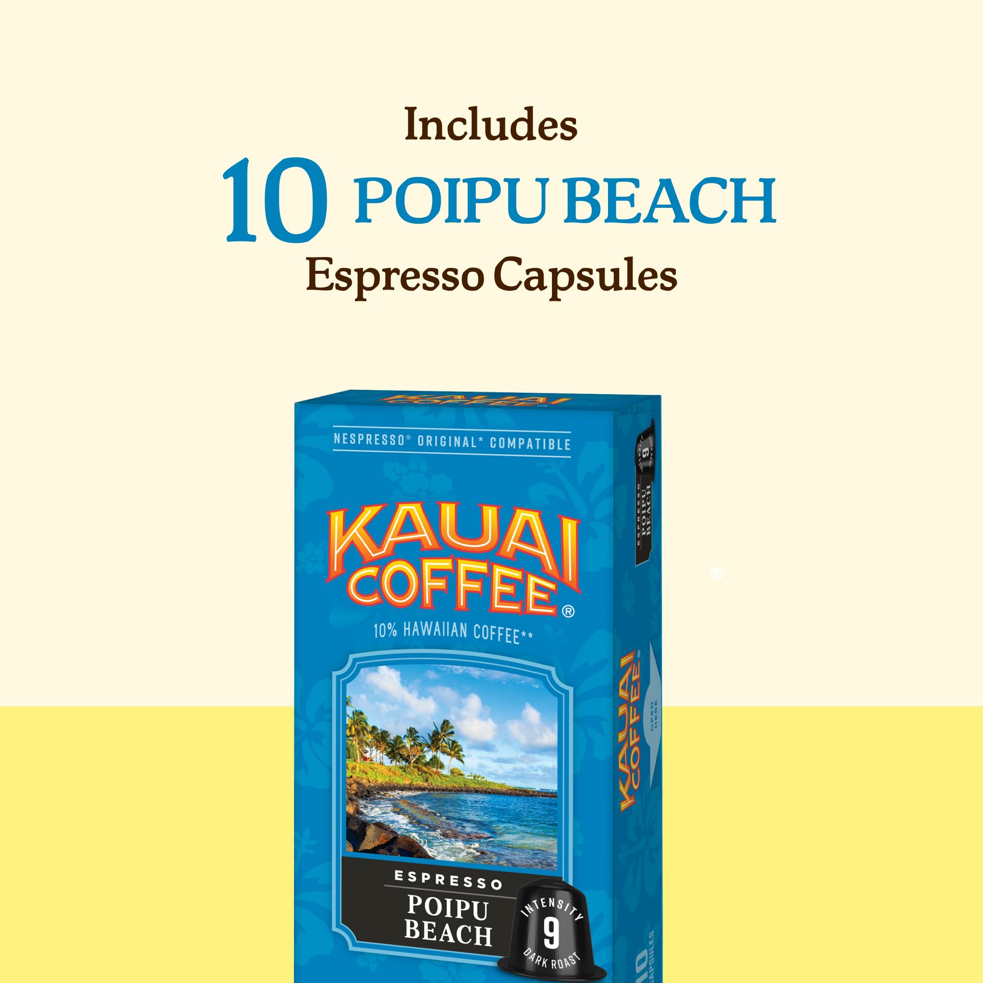 Kauai Coffee Espresso Pods Compatible with Nespresso Original Coffee Makers - Arabica Coffee, 10% Hawaiian - Dark Roast, Rich Cocoa & Smoky Finish
