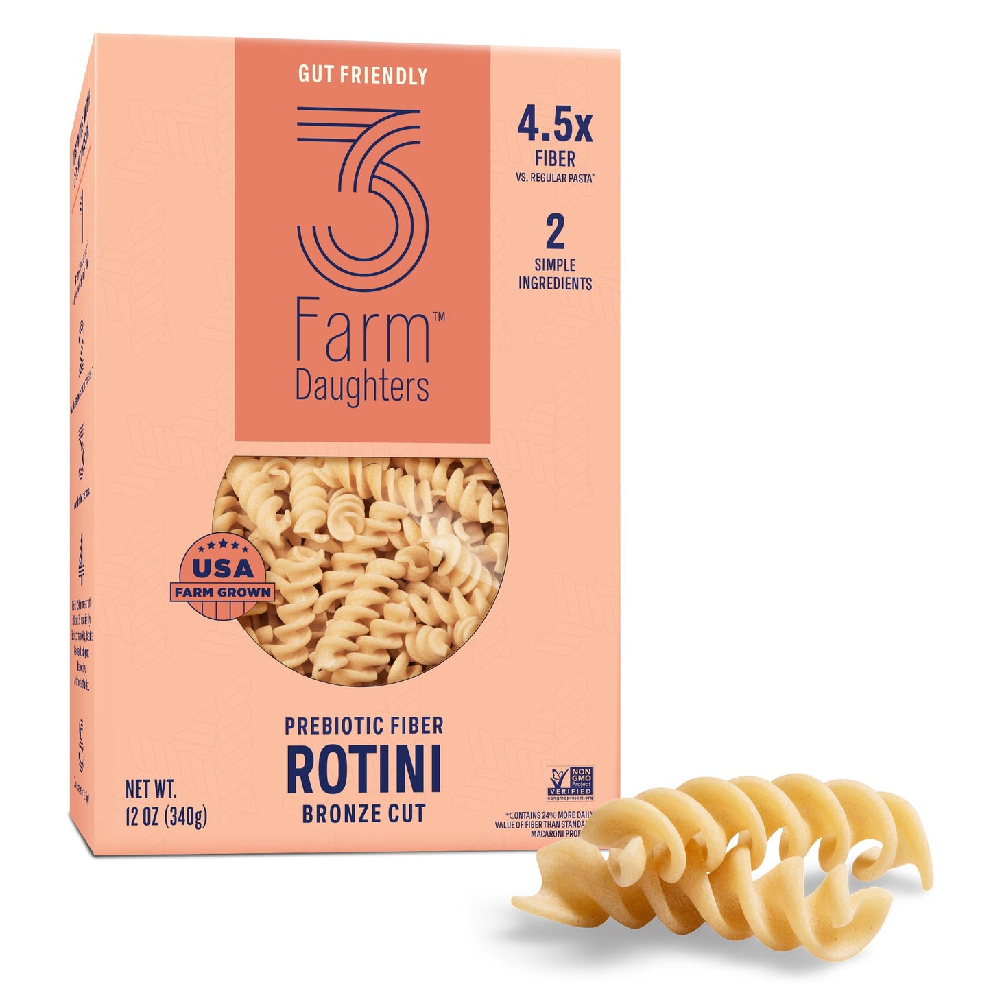 Three Farm Daughters High Fiber Pasta Rotini Pack, Low GI, Non GMO Rotini Pasta Noodles, Low Net Carb, Made in the USA, 12 oz. (1 Pack)