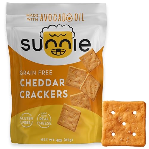 Sunnie Gluten Free Cheddar Crackers, Healthy Grain-Free Cracker Made with Real Cheese, Snacks for Kids & Adults, Made with Avocado Oil, Low Calorie