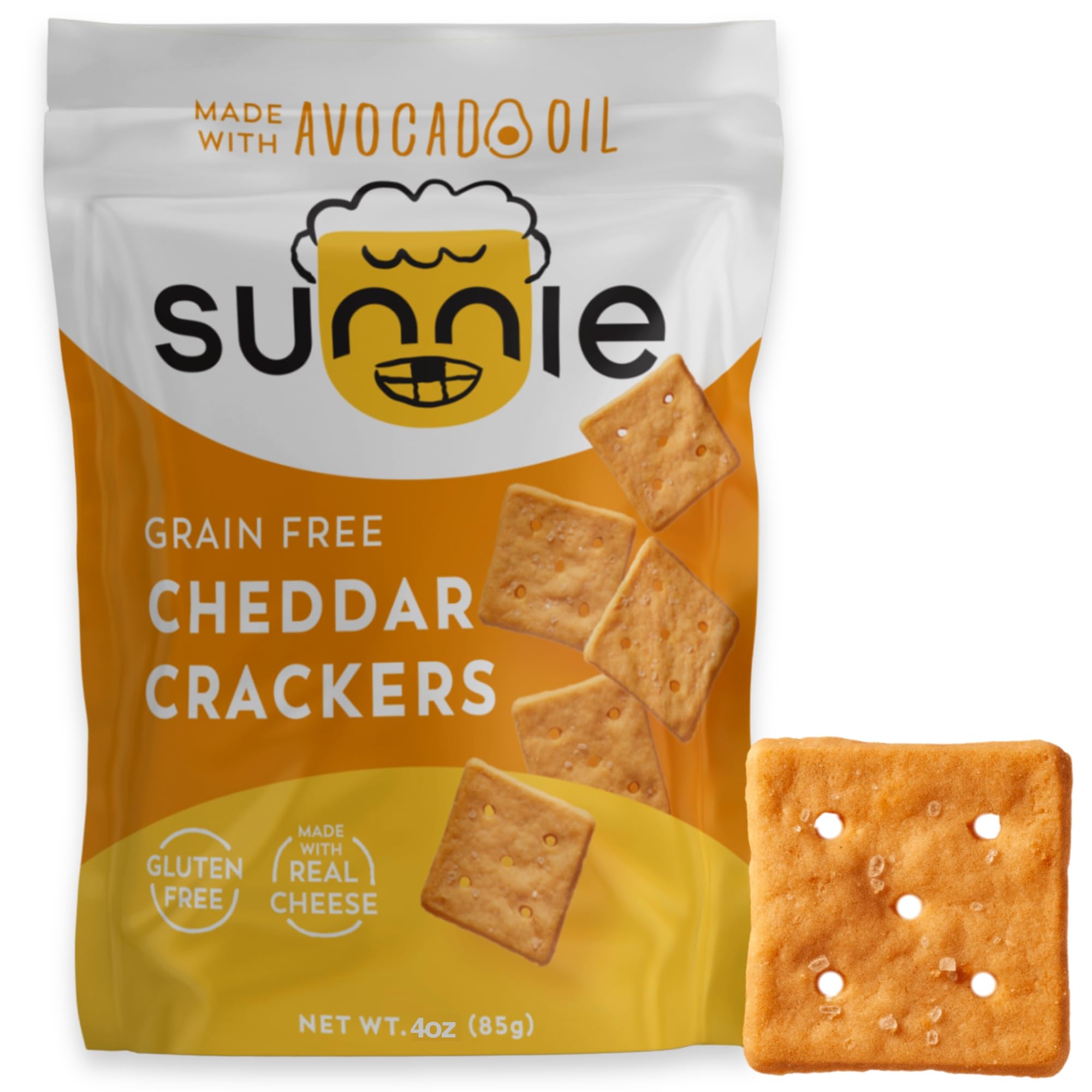 Sunnie Gluten Free Cheddar Crackers, Healthy Grain-Free Cracker Made with Real Cheese, Snacks for Kids & Adults, Made with Avocado Oil, Low Calorie