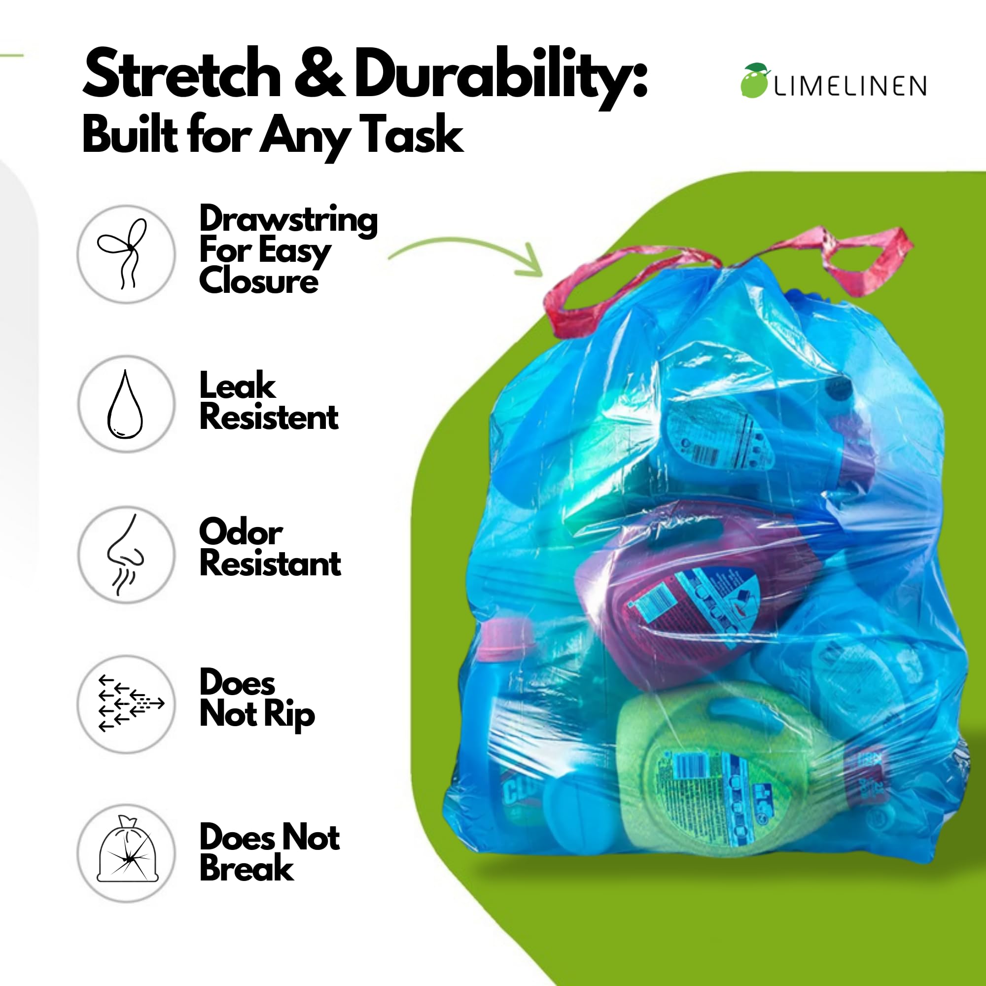 LIMELINEN Blue Recycling trash bags 13 gallon - 400ct Leak and Odor-Resistant, Heavy-Duty Plastic Garbage Bags for Home and Commercial Use