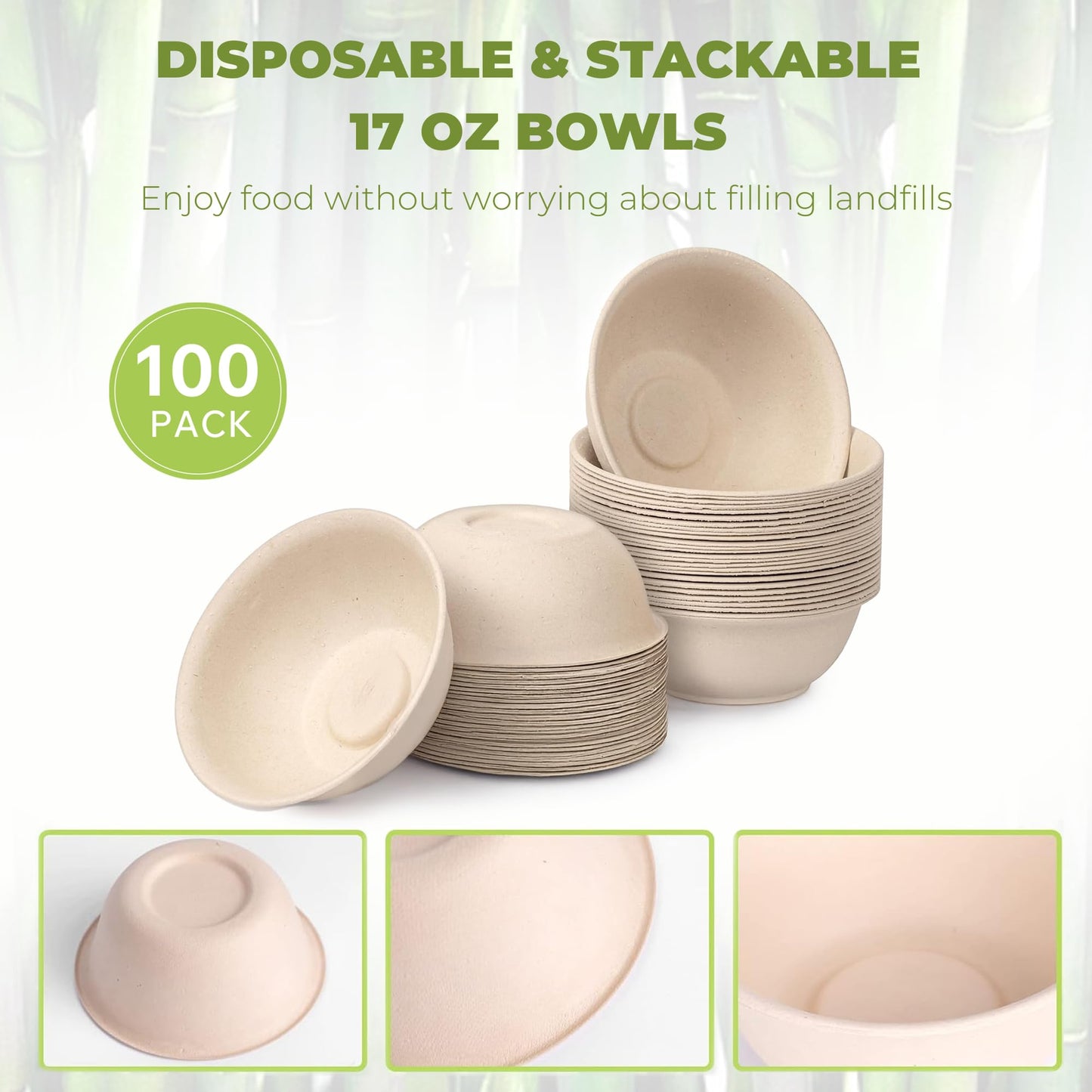 Enviro Safe Home 17 oz Paper Bowls (100 Pack) Disposable Bamboo Bowls - Heavy Duty, Microwavable Oven Safe - Perfect for Salads, Ice Cream, Hot Soups