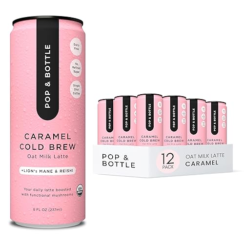 Pop & Bottle Oat Milk Latte - Cold Brew with Lion's Mane & Reishi, MCT Oil, Organic, Dairy Free, Gluten Free, Sweetened with Dates - Caramel, 8 Fl Oz