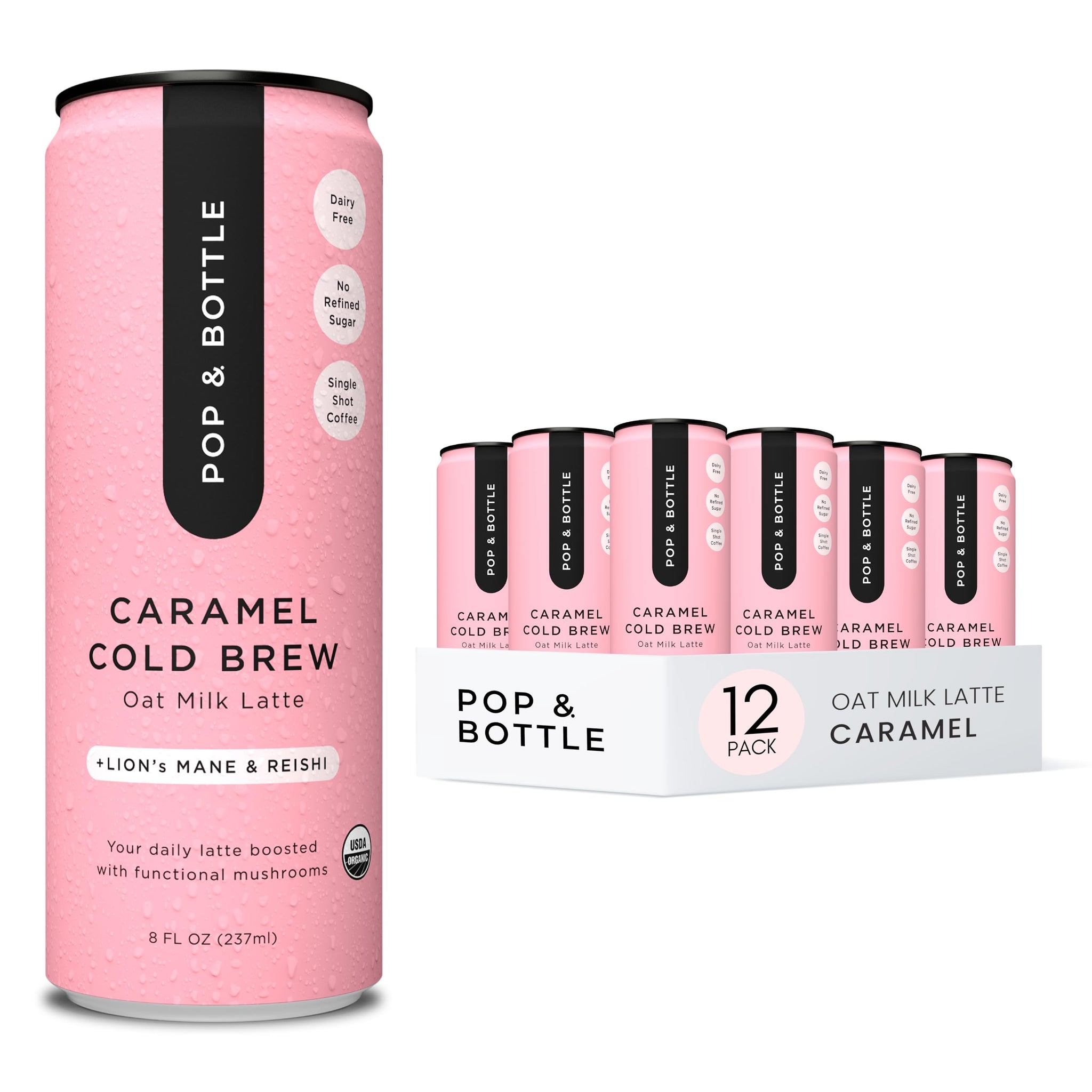 Pop & Bottle Oat Milk Latte - Cold Brew with Lion's Mane & Reishi, MCT Oil, Organic, Dairy Free, Gluten Free, Sweetened with Dates - Caramel, 8 Fl Oz