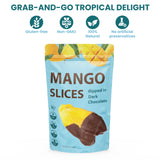 Premium All Natural Real Rich Dark Chocolate Dipped Tropical Mango Dried Fruit Slices 7oz Non GMO, No Added Colors Healthy Snacks Resealable Bag