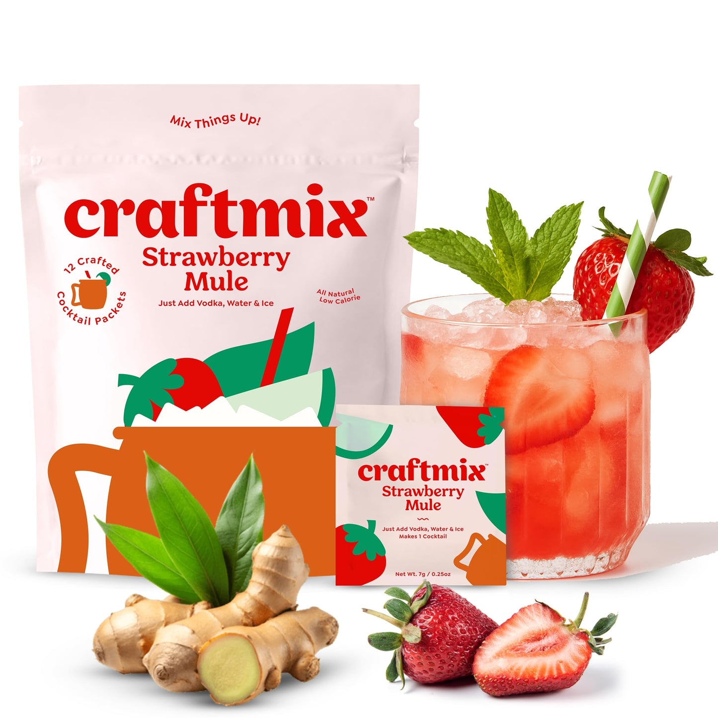Craftmix Strawberry Mule Cocktail & Mocktail Drink Mixer, Skinny Mixes - Water Flavoring Packets - Made With Real Fruit - Vegan, Low-Carb, Low-Sugar