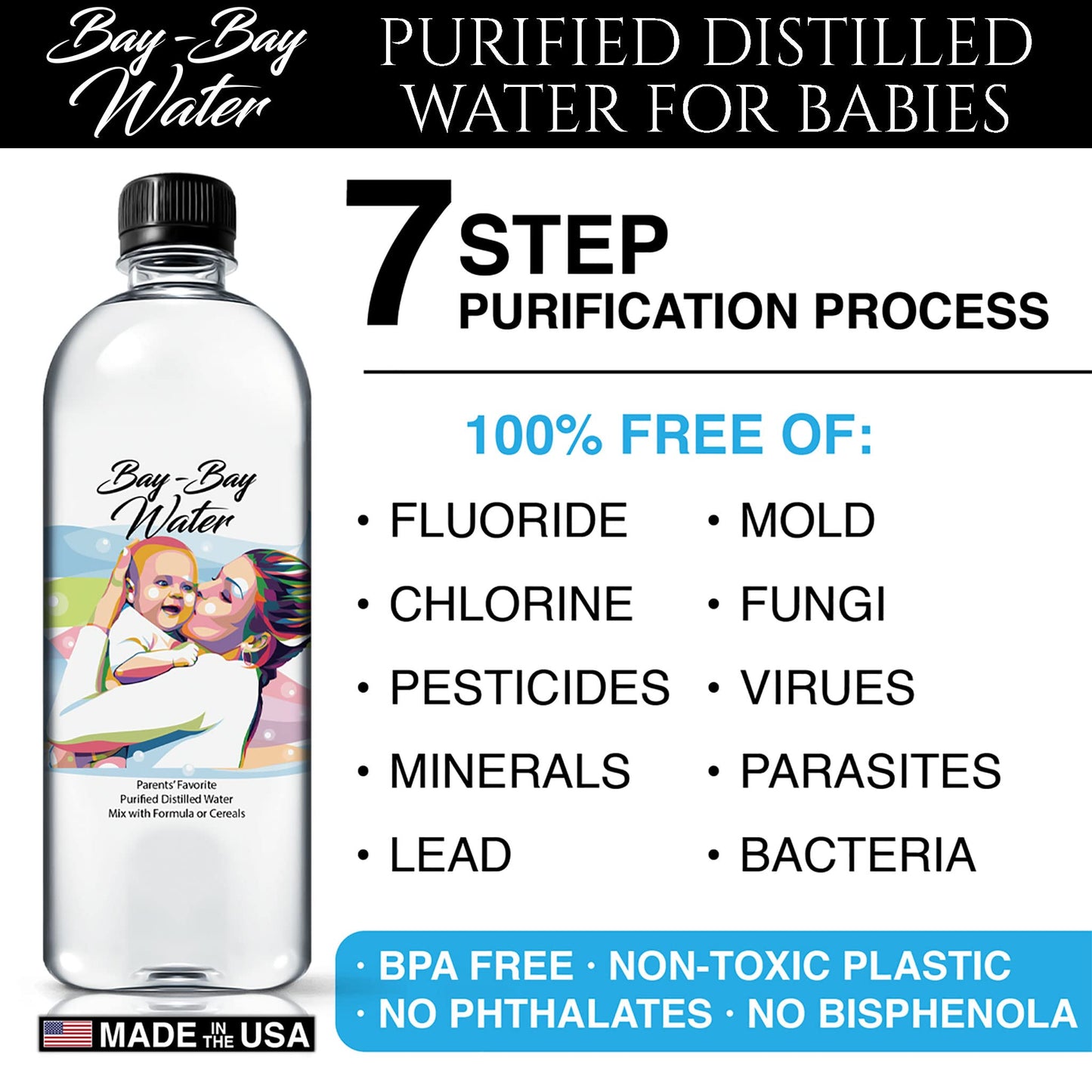 Bay Bay Water - Purified Distilled Water for Babies - 16.9 oz. - Use for Everyday Drinking, Infant Formula, Milk, and Baby Cereal - BPA Free - No