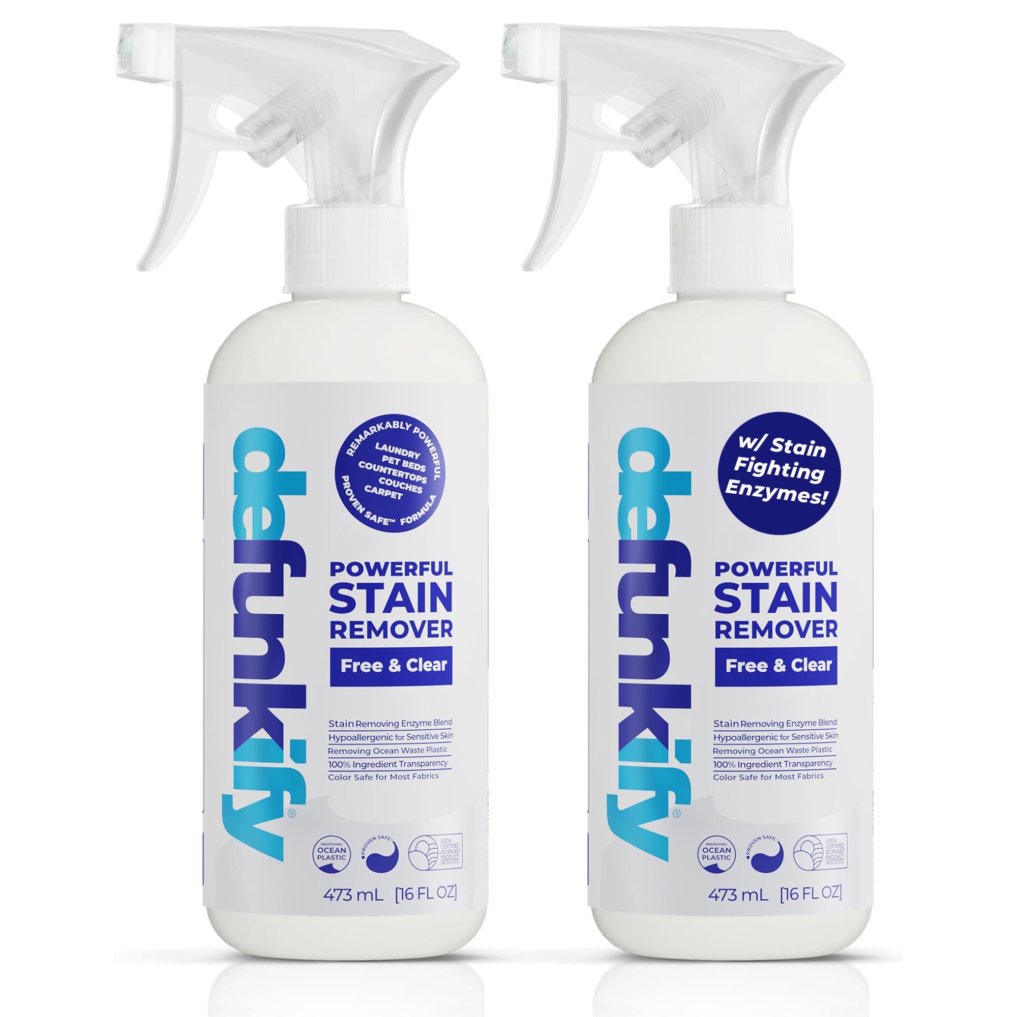 Laundry Stain Remover Spray, 32oz. Enzyme 'Free & Clear' Stain Treater Spray & Spot Remover Prewash Detergent for Clothes, Carpet & Gear. ProvenSafe™