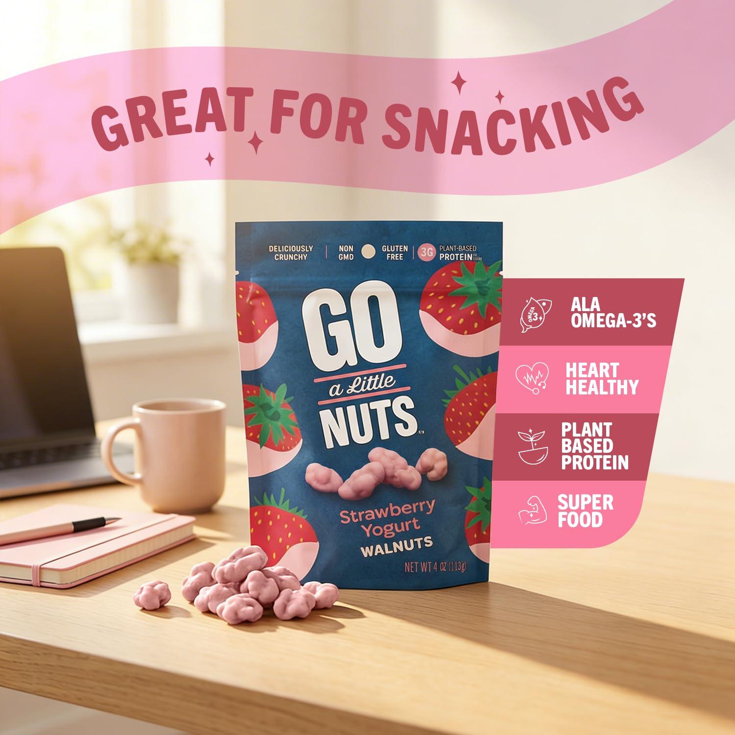 Go a Little Nuts Strawberry Yogurt Covered Walnuts, 4 oz Snack Pack (Pack of 6) Sweet & Crunchy Probiotic, Plant Protein, Non-GMO, Peanut Free