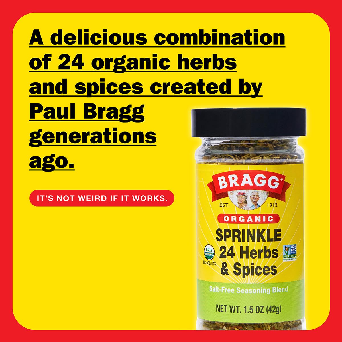 Bragg Organic Sprinkle Seasoning with 24 Herbs and Spices - 1.5 oz - Salt-Free Seasoning Blend - Perfect for Vegetables, Meats, and Salads