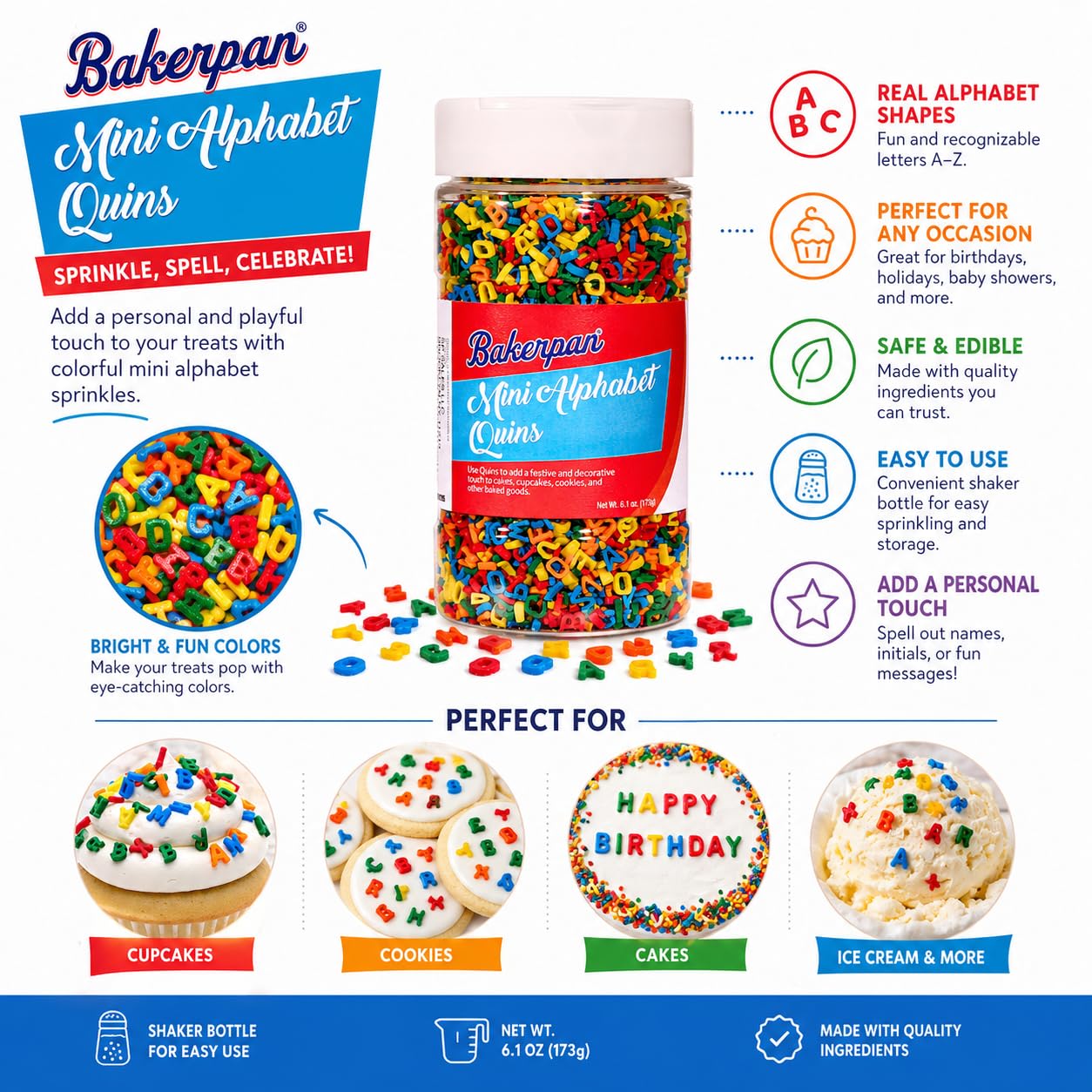 Bakerpan Quins Alphabet Sprinkles for Cake Decorating - 6.1 Ounces - ABC Edible Confetti Sprinkles for Cupcakes, Ice Cream, Cookies, Cakes