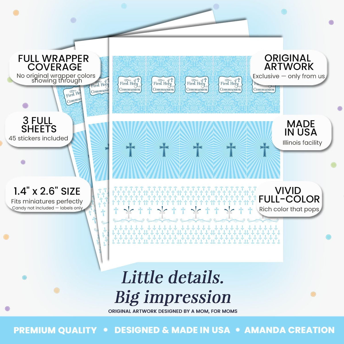 First Holy Communion Mini Chocolate Candy Bar Sticker Wrappers for Boys, 45 1.4" x 2.6" Wrap Around Labels by AmandaCreation, Great for Party Favors