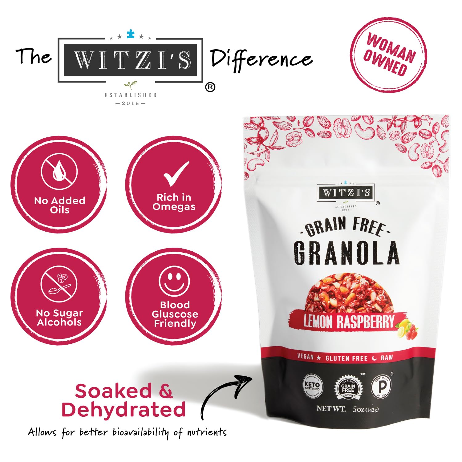 Witzi's Grain Free Granola, Lemon Raspberry, 5oz (Pack of 3), Made with Almonds, Lemons & Raspberries, Vegan, Keto, Gluten Free, Healthy Snack