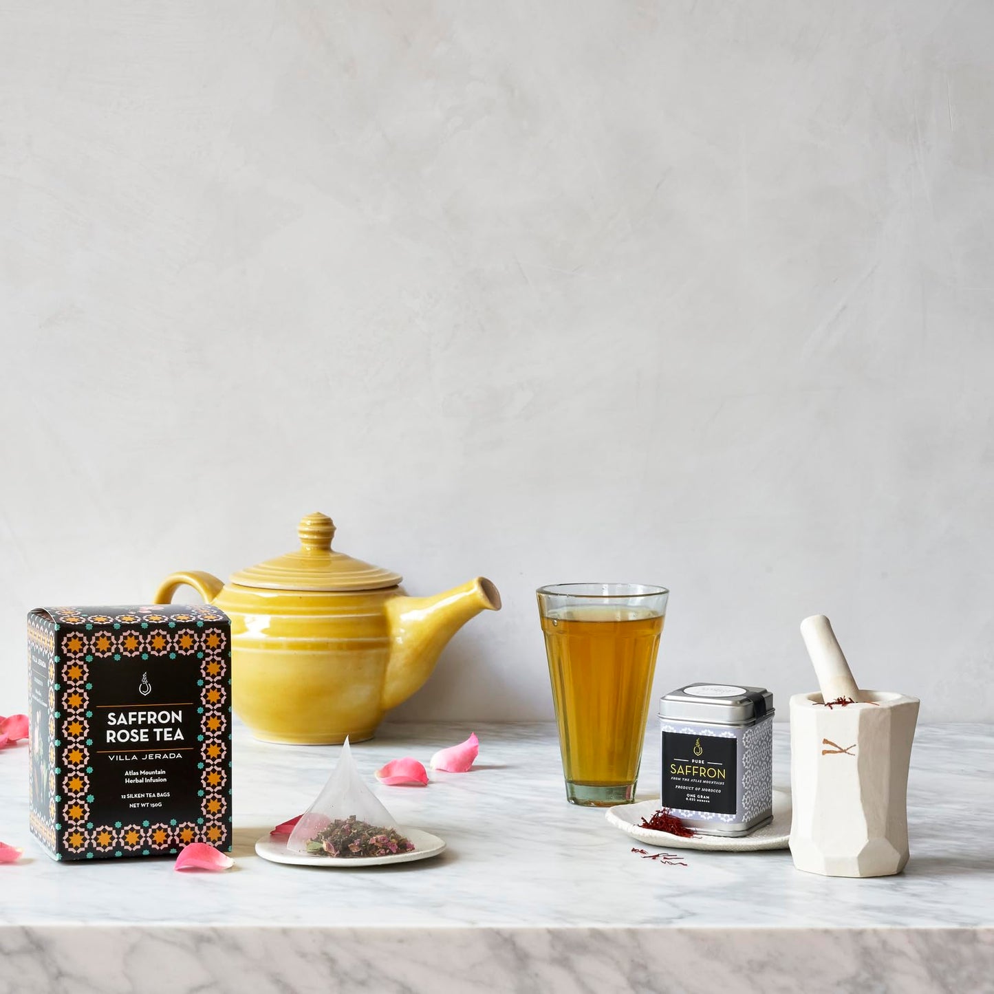 Villa Jerada, Saffron Rose Green Tea - 150g (12 Silken tea bags) - Moroccan saffron (SAFFRON GREEN TEA - 1 BOX)