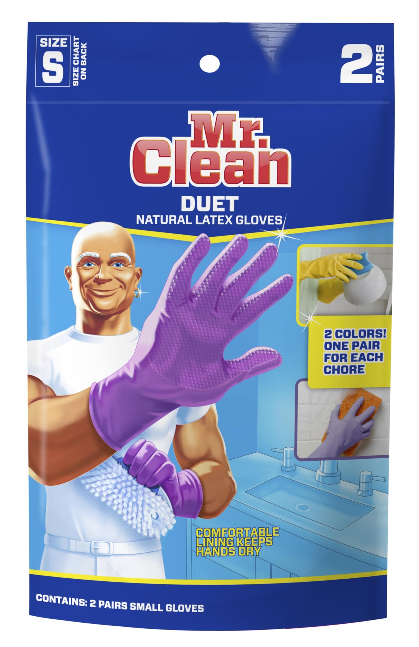 Mr. Clean Duet Reusable Latex Cleaning Gloves with Non-Slip Grip, 2 Pair, Small