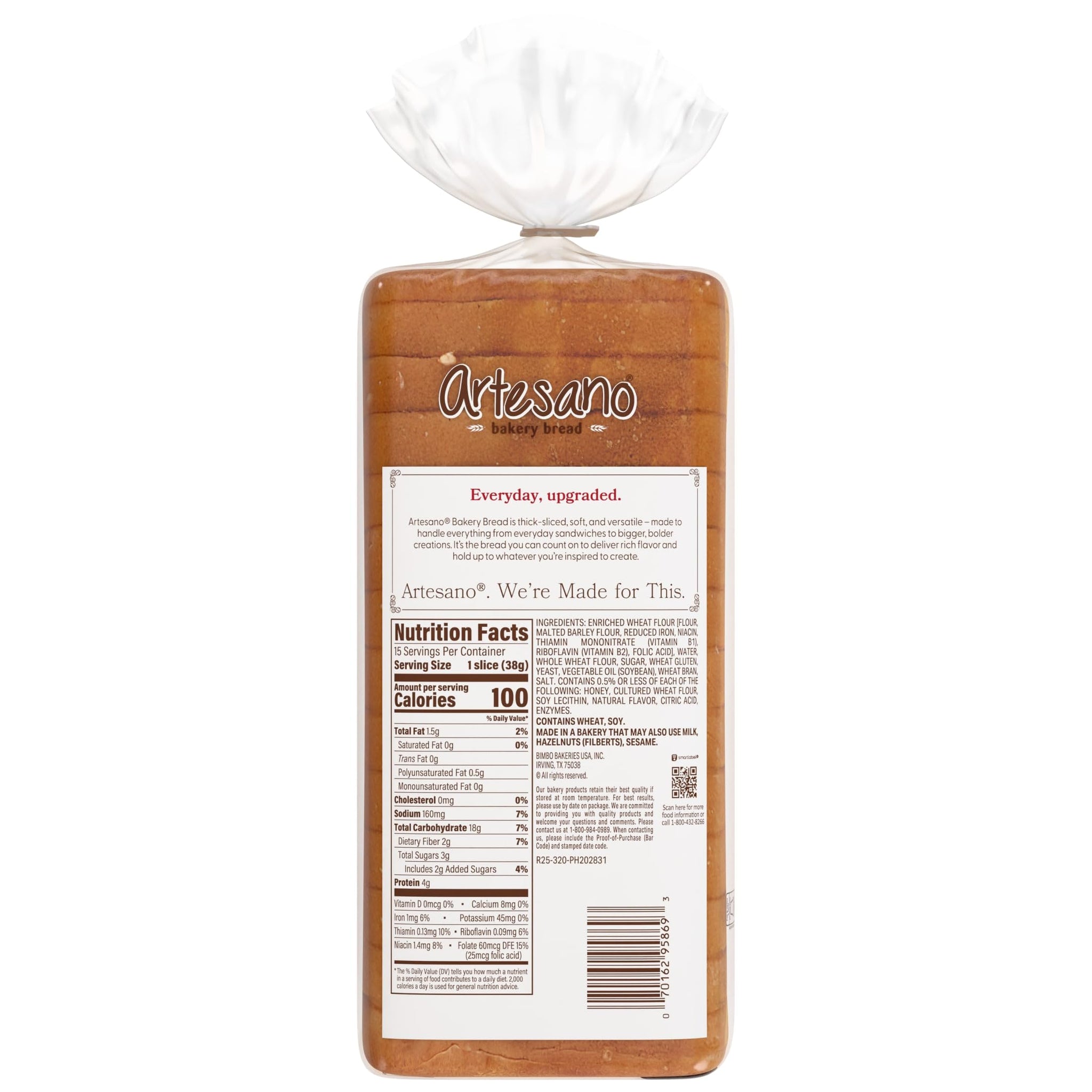 Artesano Golden Wheat Bakery Bread, Whole Wheat Pre-sliced Wheat Bread, 20 oz Bag