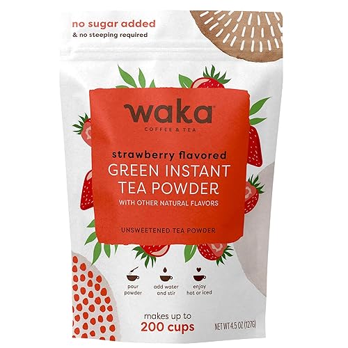 Waka Instant Green Tea Mix, Strawberry Flavored - 100% Tea Leaves, No Additives, Unsweetened Tea Powder in Bulk Pouch - Easy Quick Hot and Iced Teas