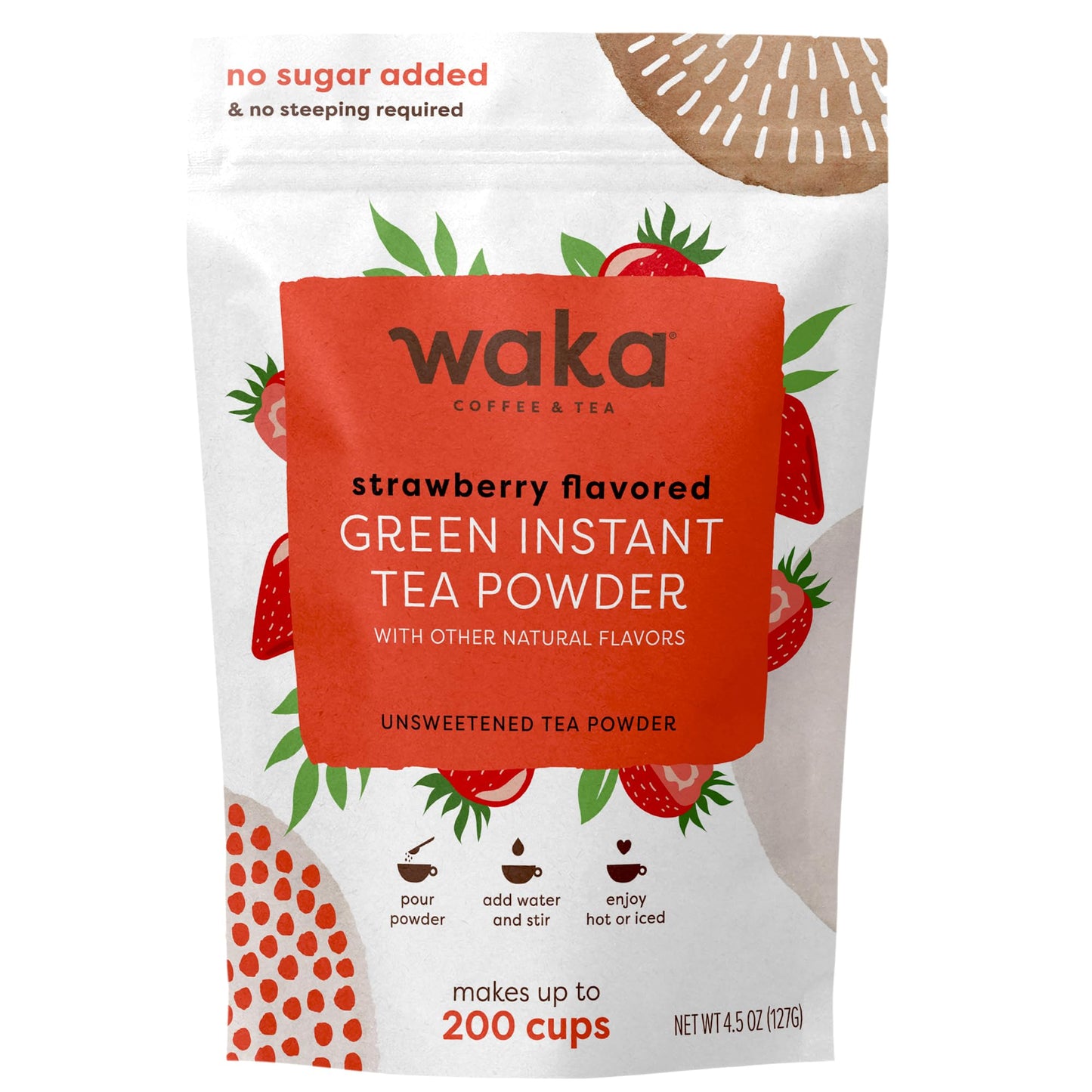 Waka Instant Green Tea Mix, Strawberry Flavored - 100% Tea Leaves, No Additives, Unsweetened Tea Powder in Bulk Pouch - Easy Quick Hot and Iced Teas