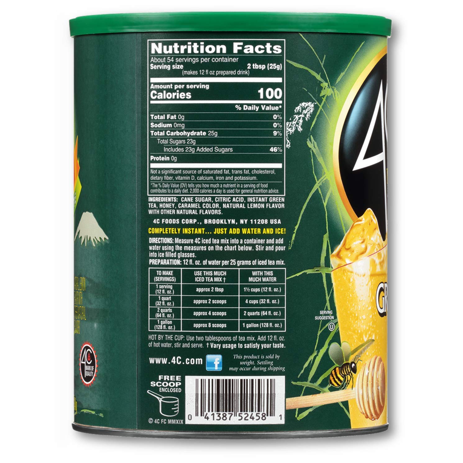 4C Green Tea Antioxidant Iced Tea Mix | Family Sized Cannister | Thirst Quenching Flavor | 20 quarts (Green Tea, 1 pack)