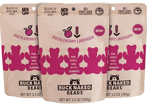Buck Naked Bears - Huckleberry Lavender Gummy Bears - Soft, Smooth, and Sweeter Like a Fruit Snack - Plant-Based Gummies Good Snack Choice - Non-GMO