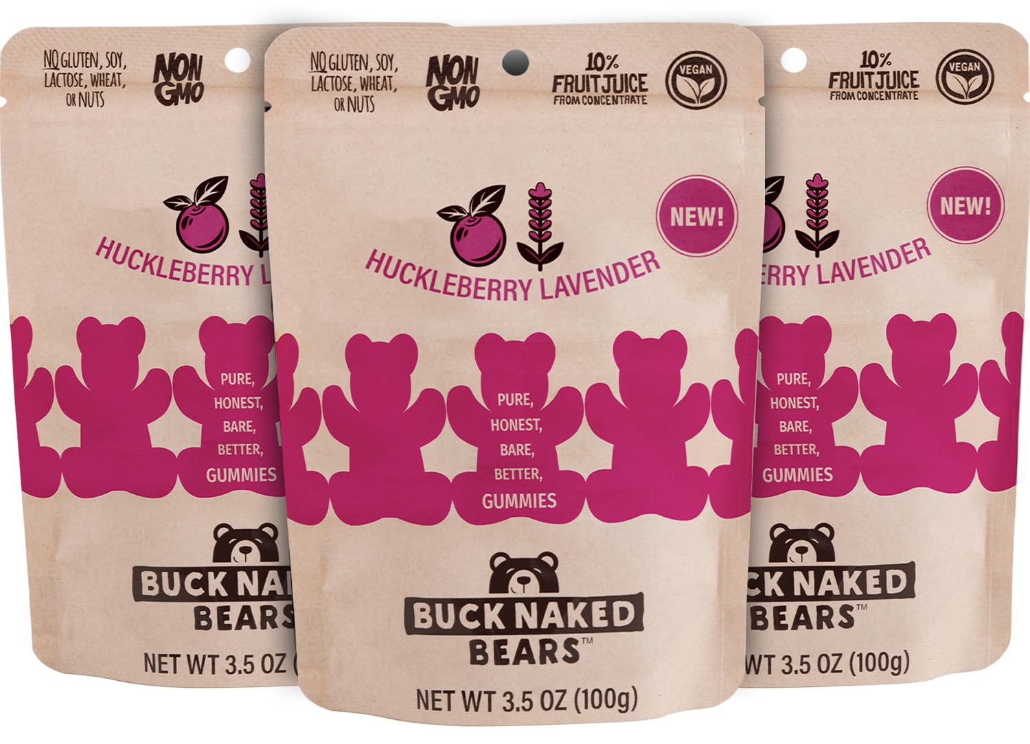 Buck Naked Bears - Huckleberry Lavender Gummy Bears - Soft, Smooth, and Sweeter Like a Fruit Snack - Plant-Based Gummies Good Snack Choice - Non-GMO