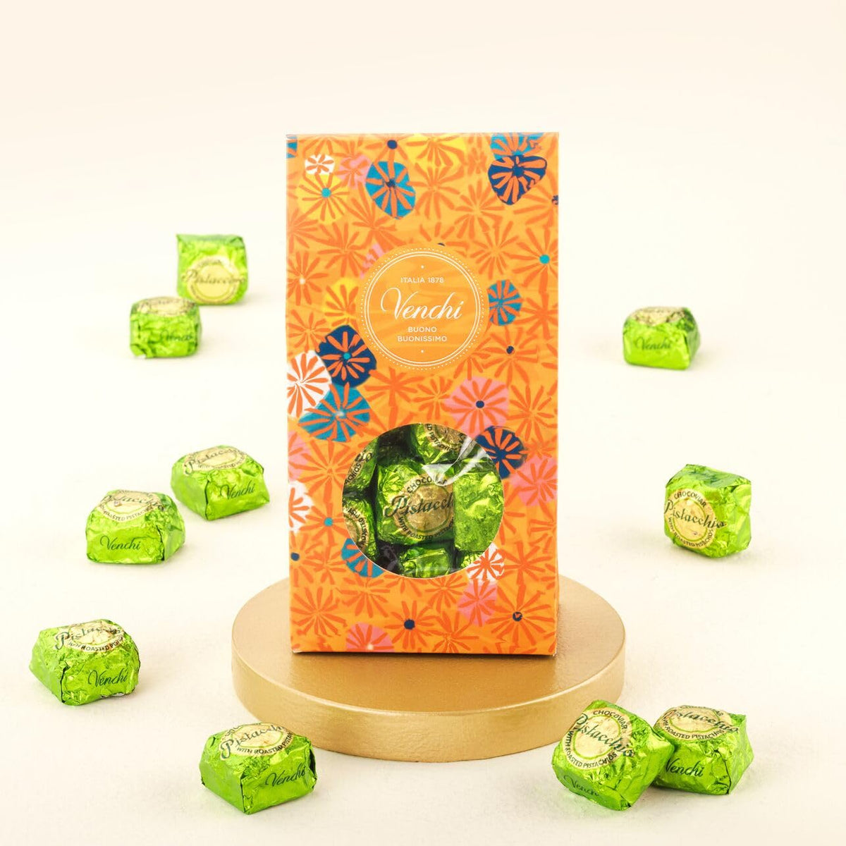 Venchi Chocoviar Pistachio Chocolate 15-Piece Elegant Gift Box - Creamy Pistachio & Hazelnut Paste, Dark Chocolate Shell Topped With Toffee Grains