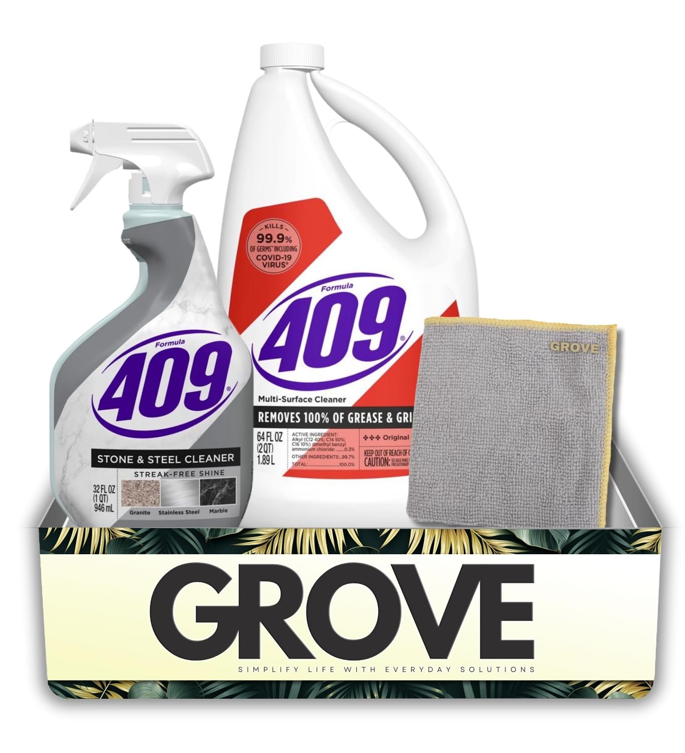 Formula 409 Stone/Steel Cleaner 32 oz Spray and Formula 409 Original Scent Multi-Surface Cleaner Liquid 64 oz Bundle with Microfiber Auto Cleaning