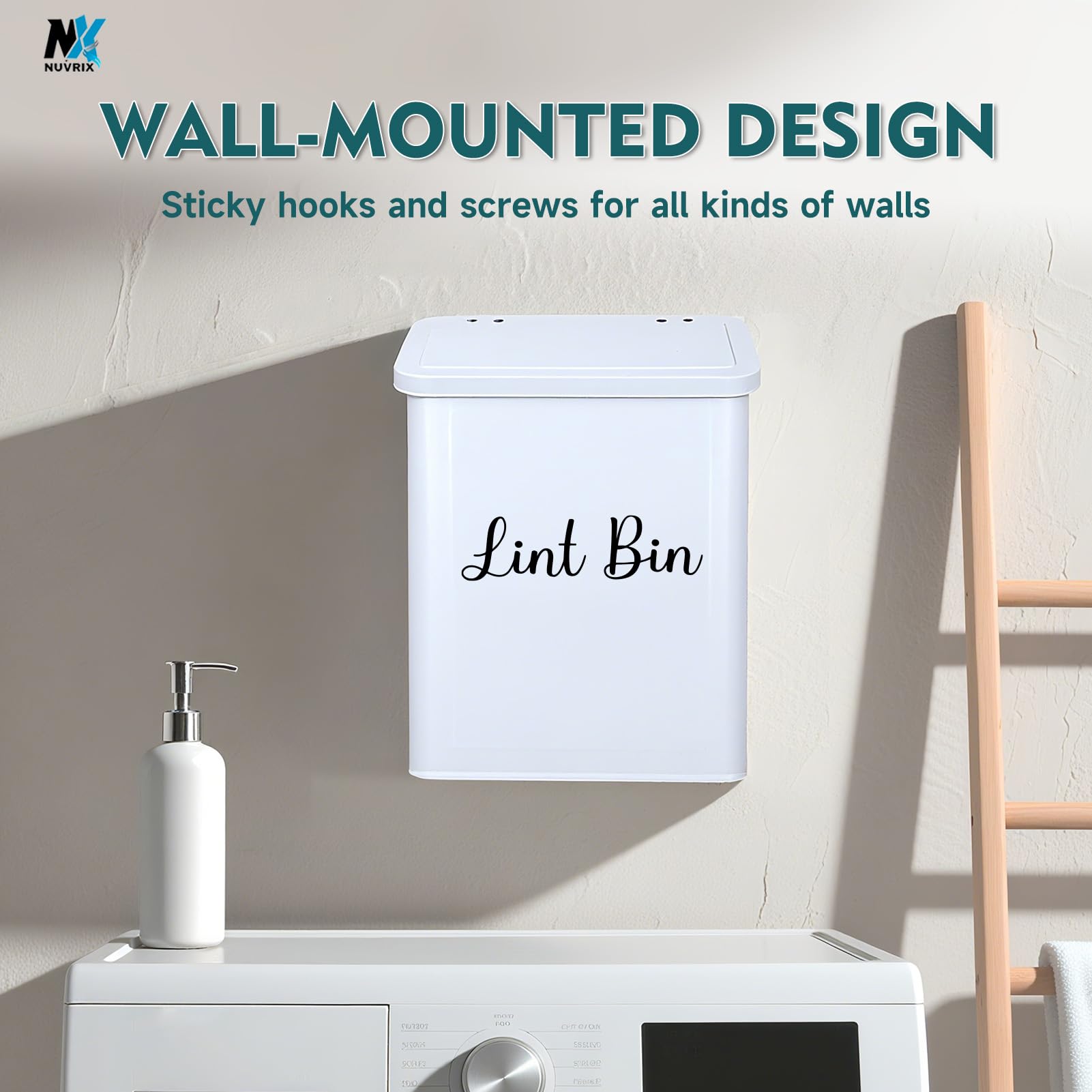 NUVRIX Magnetic Lint Bin for Laundry Room, Wall Mounted Metal Lint Box Holder Trash Can with Lid for Dryer, Lint Basket for Laundry Room