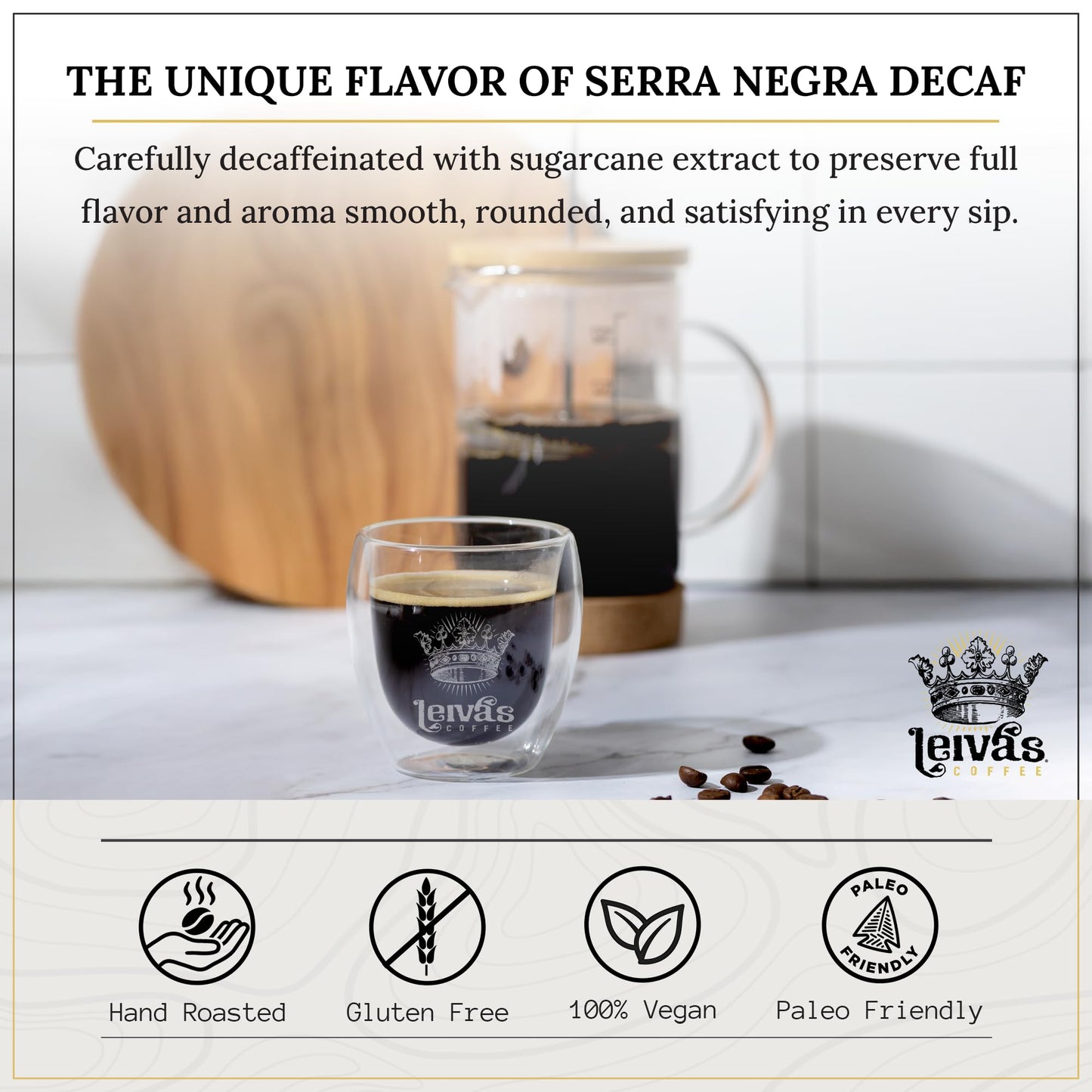 Leiva’s Decaf Ground Coffee (8oz), Guatemalan Ground Dark Roast Coffee - Serra Negra Organic Decaffeinated Coffee Ground w/Roasted Peanut, Popcorn