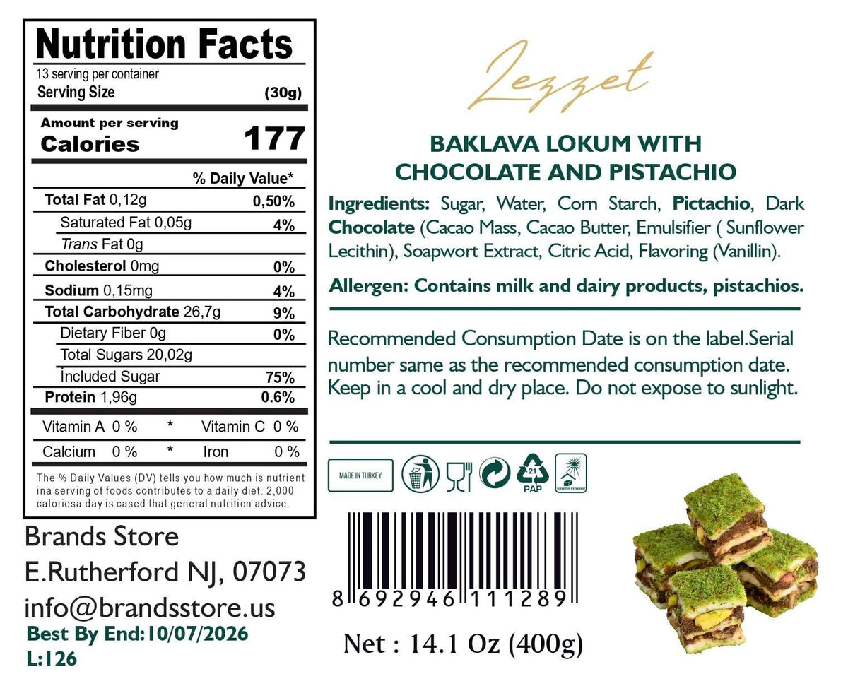 Lezzet, Handmade Baklava-Style Turkish Delight, Chocolate & Pistachio Lokum, 15 Pieces, Premium Dessert Treat, 14.1 oz (400gr)