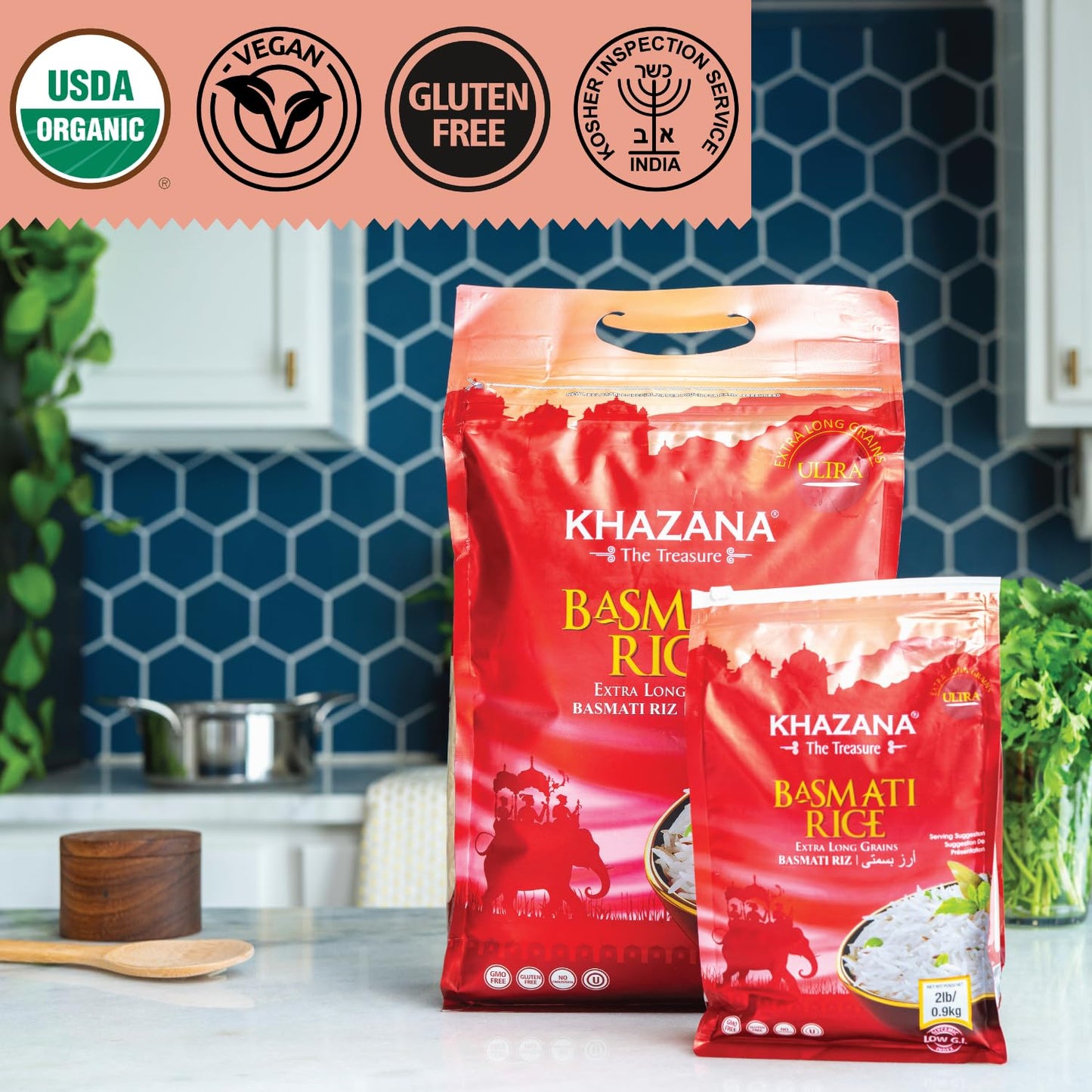 Authentic Extra Long Basmati Rice by Khazana in 10 lb Bag - Aromatic and Flavorful Indian Grain - Non-GMO, Gluten Free, Kosher, Cholesterol Free