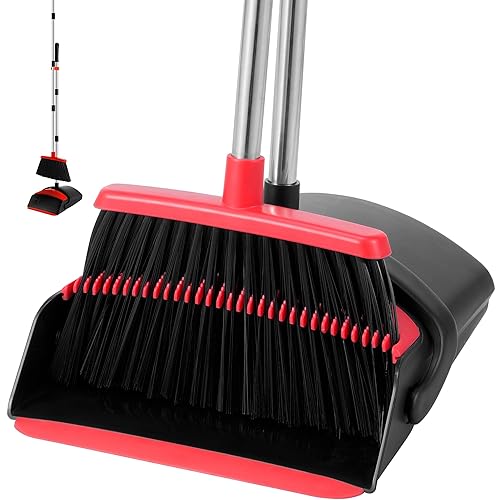 BSKLIN Broom and Dustpan Set for Home, 52" Long Handle Standing Broom Set with Dustpan Self-Cleaning Teeth for Hair Removal Heavy Duty Indoor Outdoor