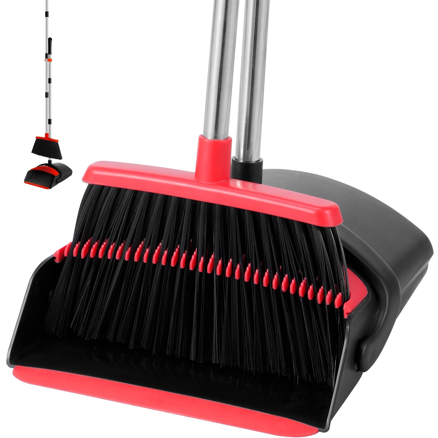 BSKLIN Broom and Dustpan Set for Home, 52" Long Handle Standing Broom Set with Dustpan Self-Cleaning Teeth for Hair Removal Heavy Duty Indoor Outdoor