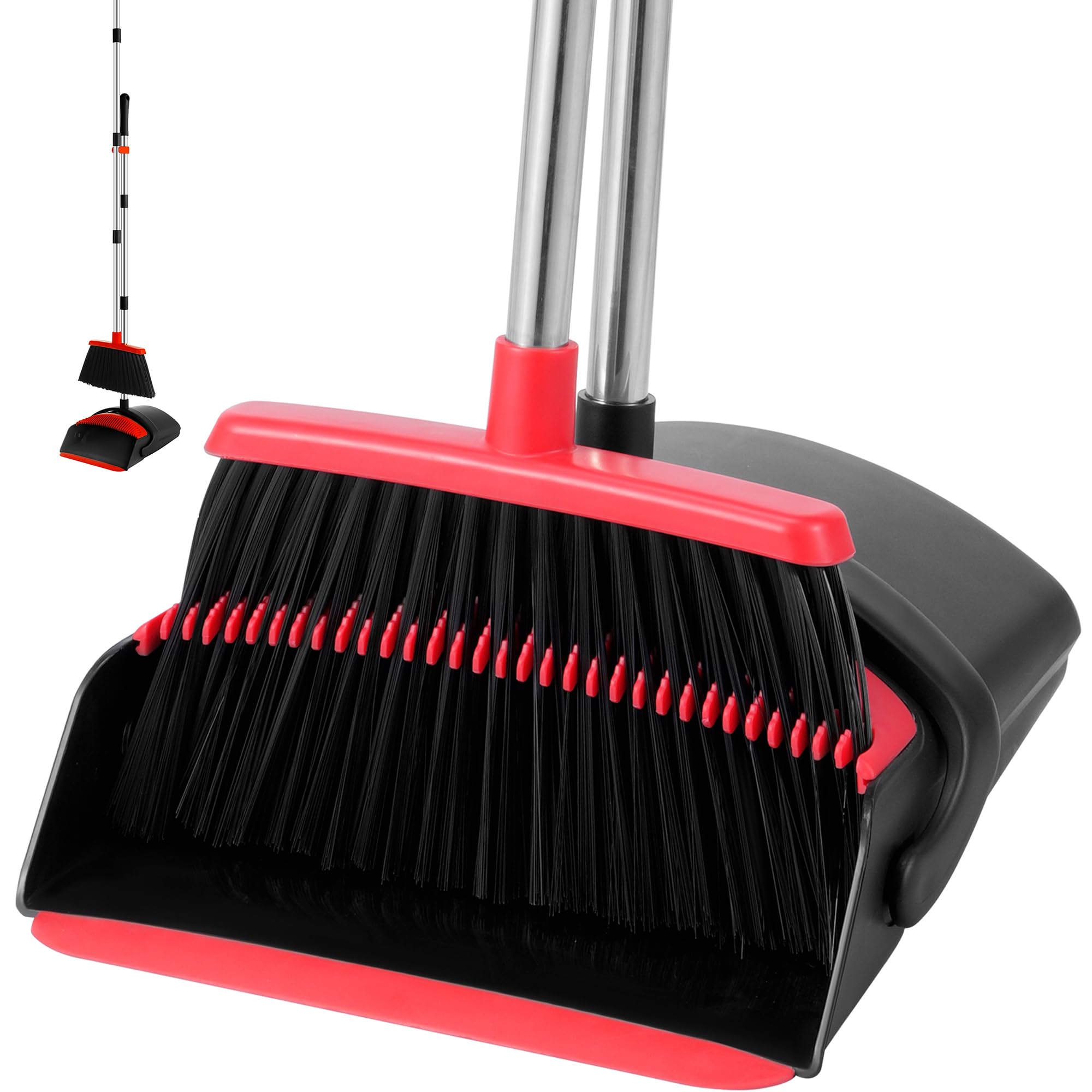 BSKLIN Broom and Dustpan Set for Home, 52" Long Handle Standing Broom Set with Dustpan Self-Cleaning Teeth for Hair Removal Heavy Duty Indoor Outdoor