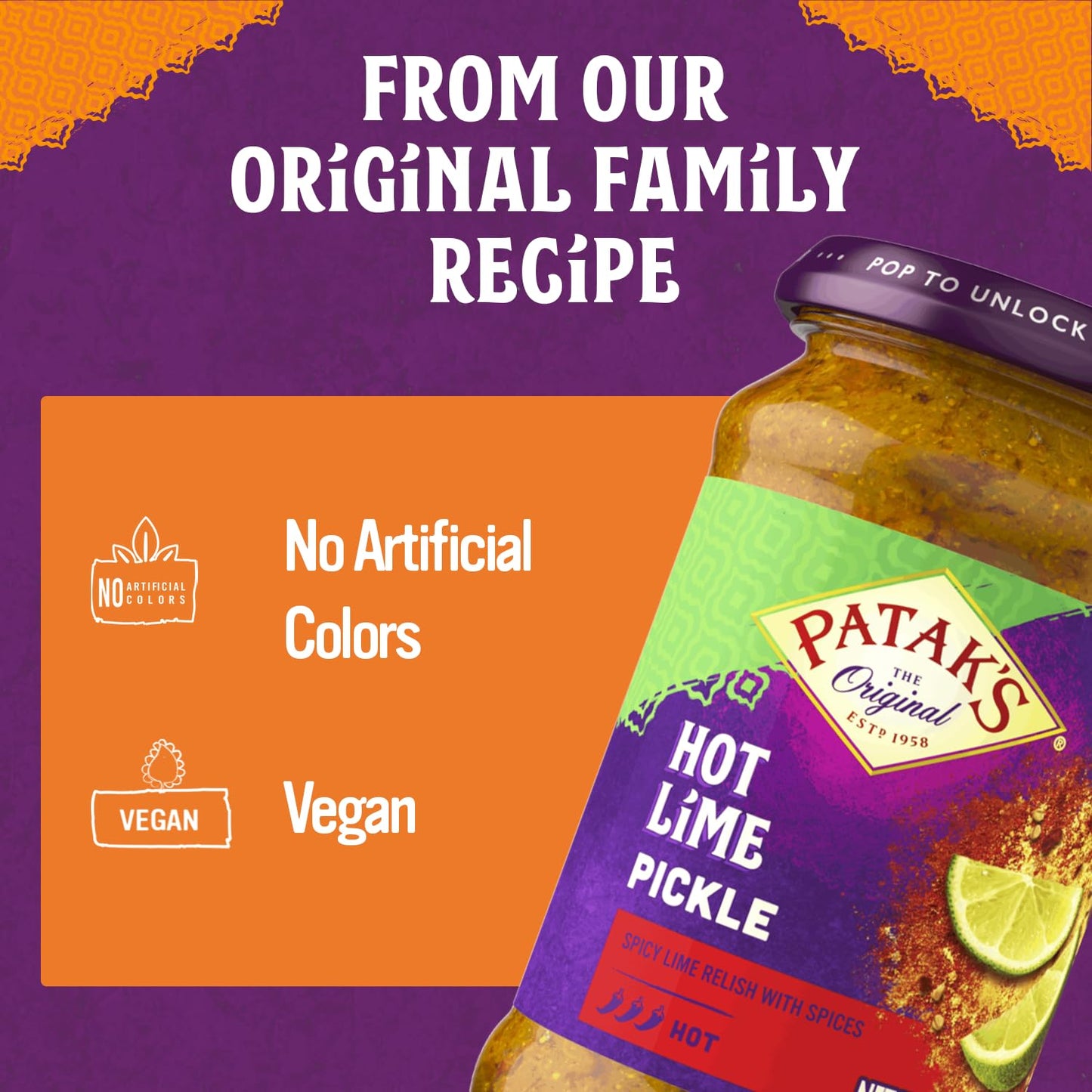 Patak’s Hot Lime Pickle - Authentic Indian Relish w/Lime Dices, Mustard Seeds & Aromatic Spices - Perfect for Sandwiches, Curries, Salads & Cold Meats