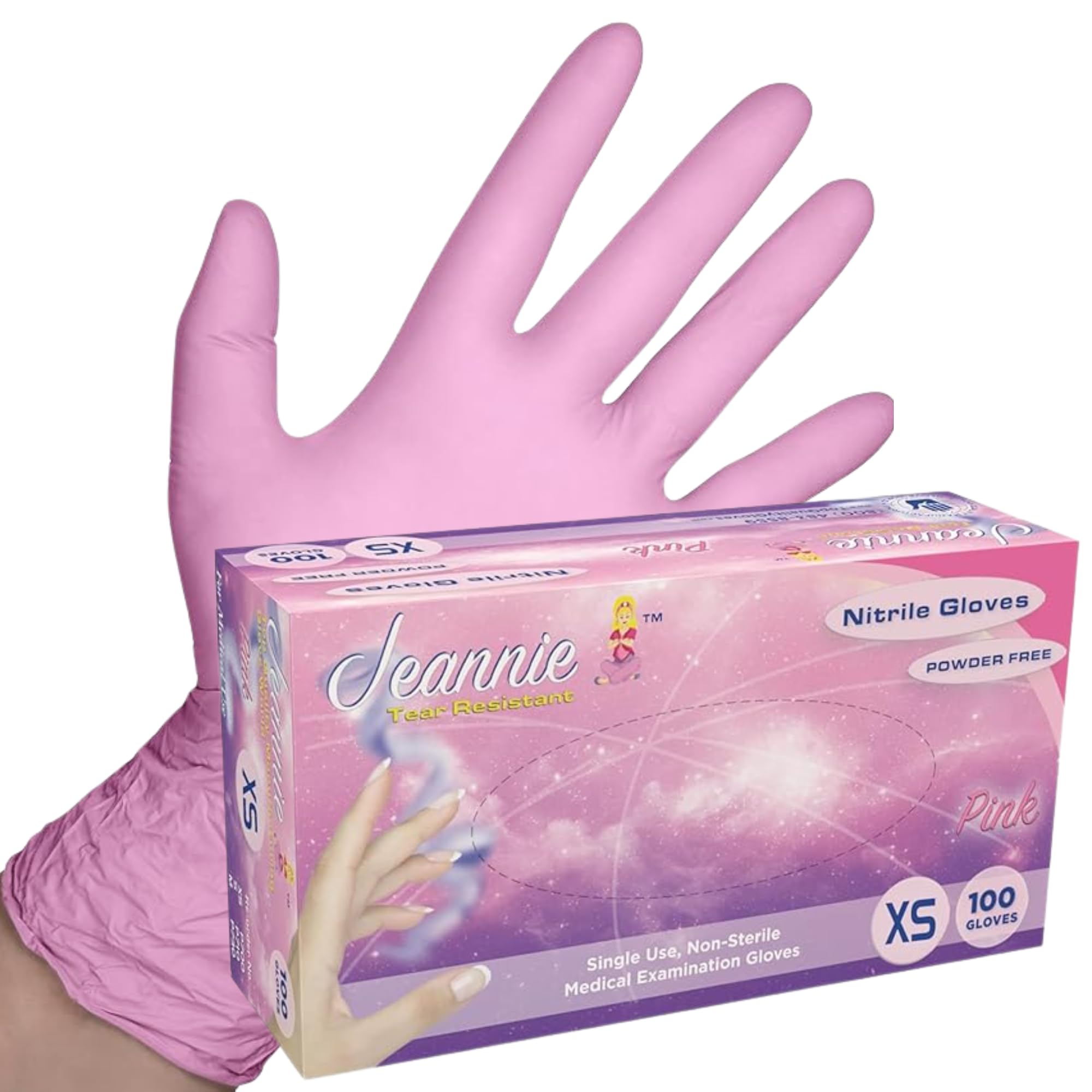 GLOVE WORLD Jeannie Pink Nitrile Disposable Gloves - Small, 100/Box - Super Stretch, Tear-Resistant, Latex and Powder Free - Ideal for Food Prep, Arts
