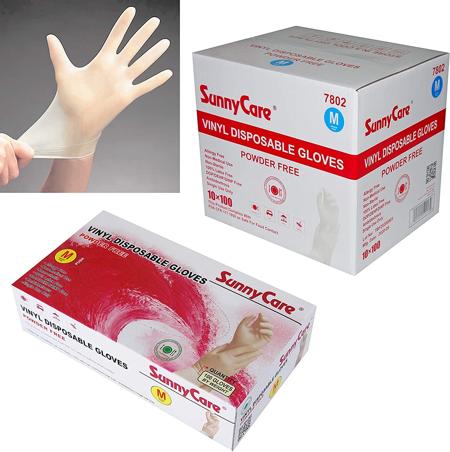 SunnyCare 1000 Vinyl Gloves 7802 Powder Free Food Service (Latex Nitrile Free) Medium