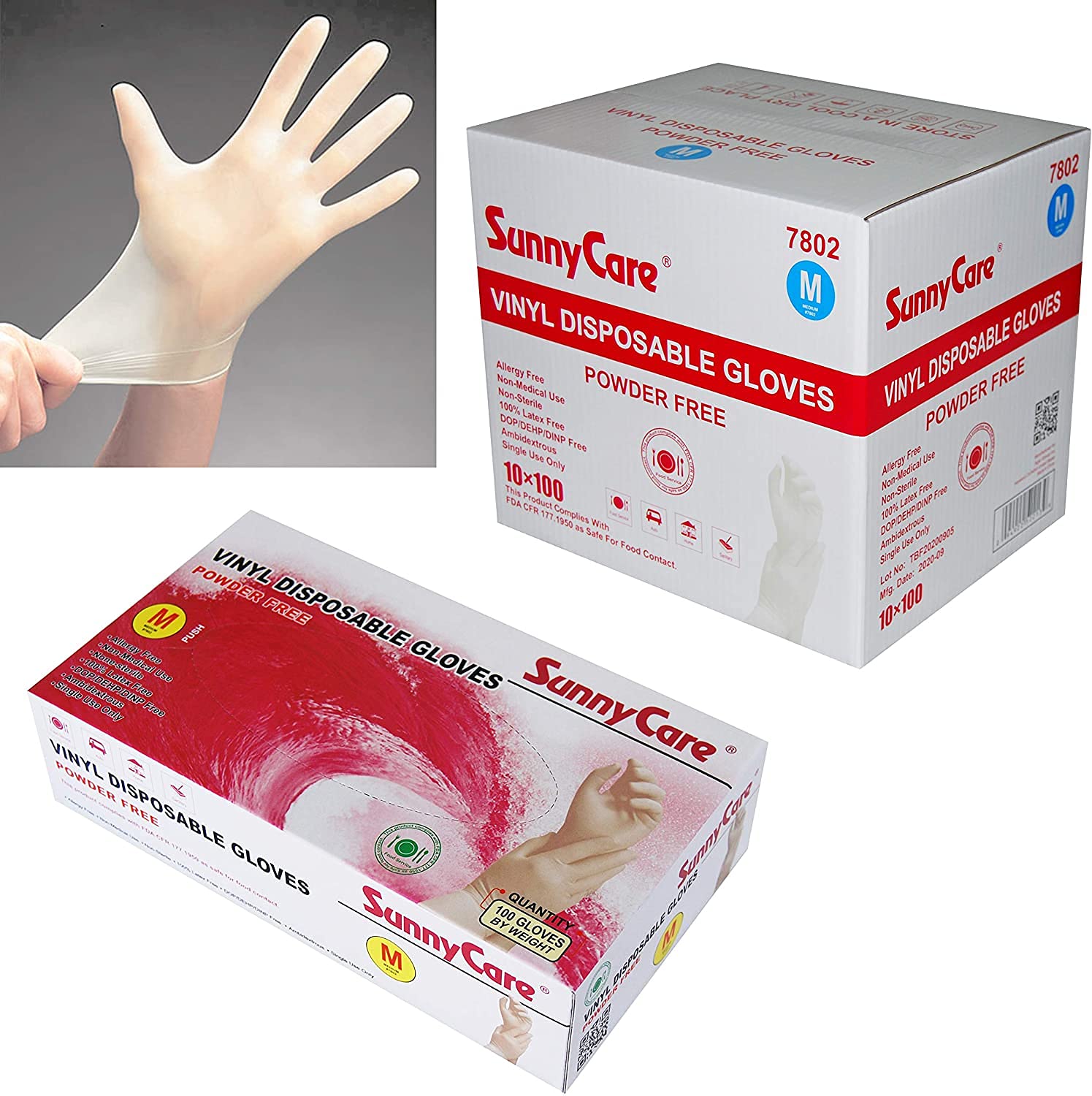 SunnyCare 1000 Vinyl Gloves 7802 Powder Free Food Service (Latex Nitrile Free) Medium