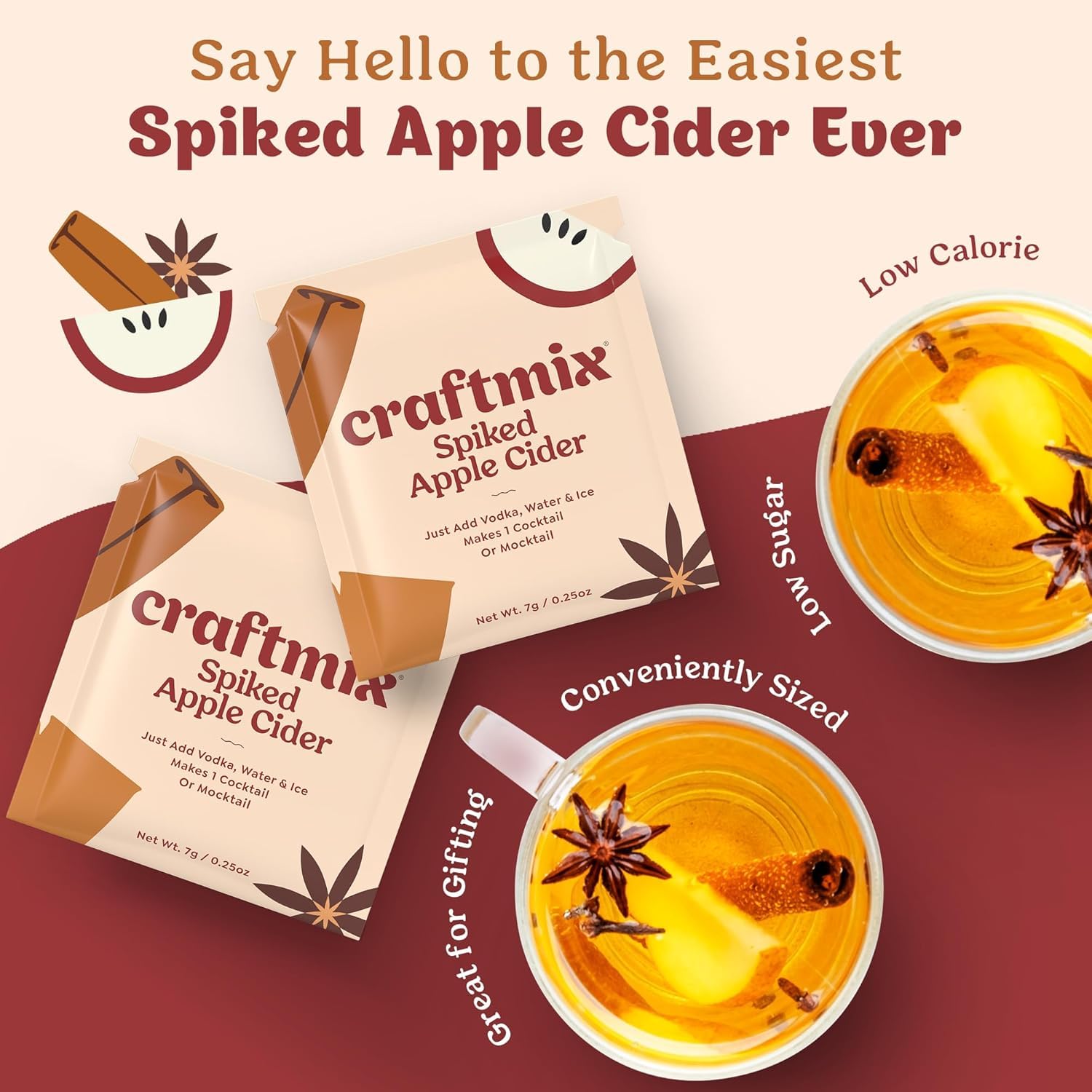 Craftmix Spiked Apple Cider Cocktail & Mocktail Drink Mixer, Skinny Mixes - Water Flavoring Packets - Made With Real Fruit - Vegan, Low-Carb
