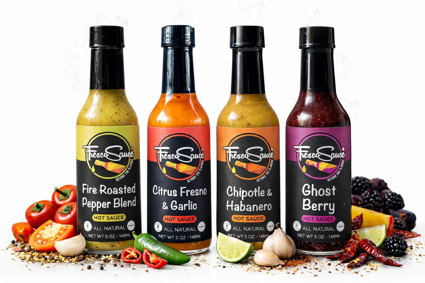 Hot Sauce Lover Gift Box by Fresco Sauce 4 Pack - Fire Roasted Pepper Blend - Citrus Fresno & Garlic - Chipotle & Habanero - Ghost Berry
