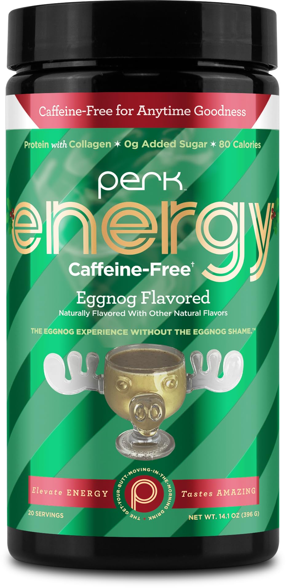 Perk Energy Caffeine-Free Drink Mix (Eggnog) 20 Servings - Healthy Coffee Alternative with Protein, Gluten-Free, Soy-Free, Peanut-Free