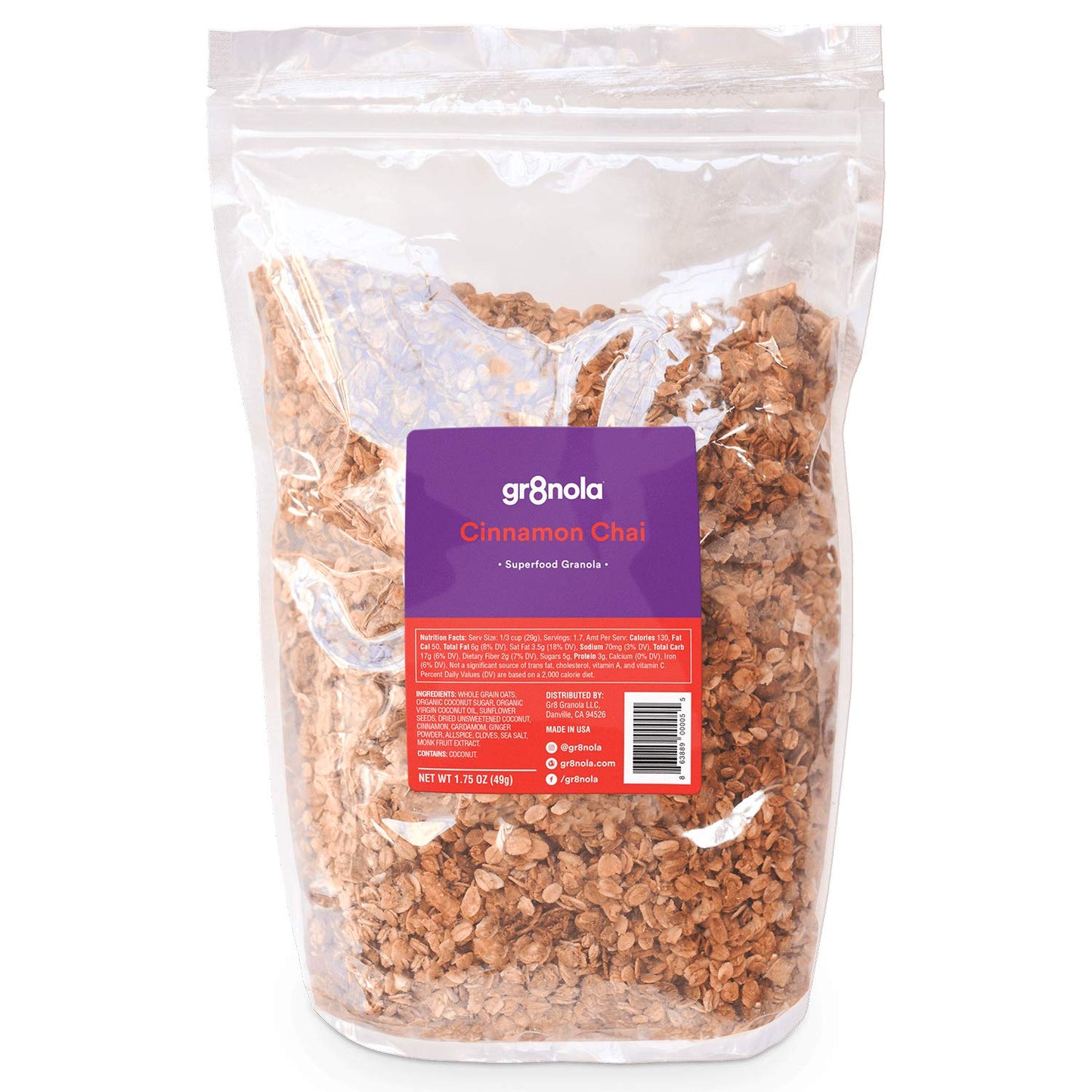 gr8nola CINNAMON CHAI - Healthy, Low Sugar, Vegan Bulk Granola Cereal - Made with Superfoods Cinnamon, Ginger and Cardamom, Soy Free, Dairy Free