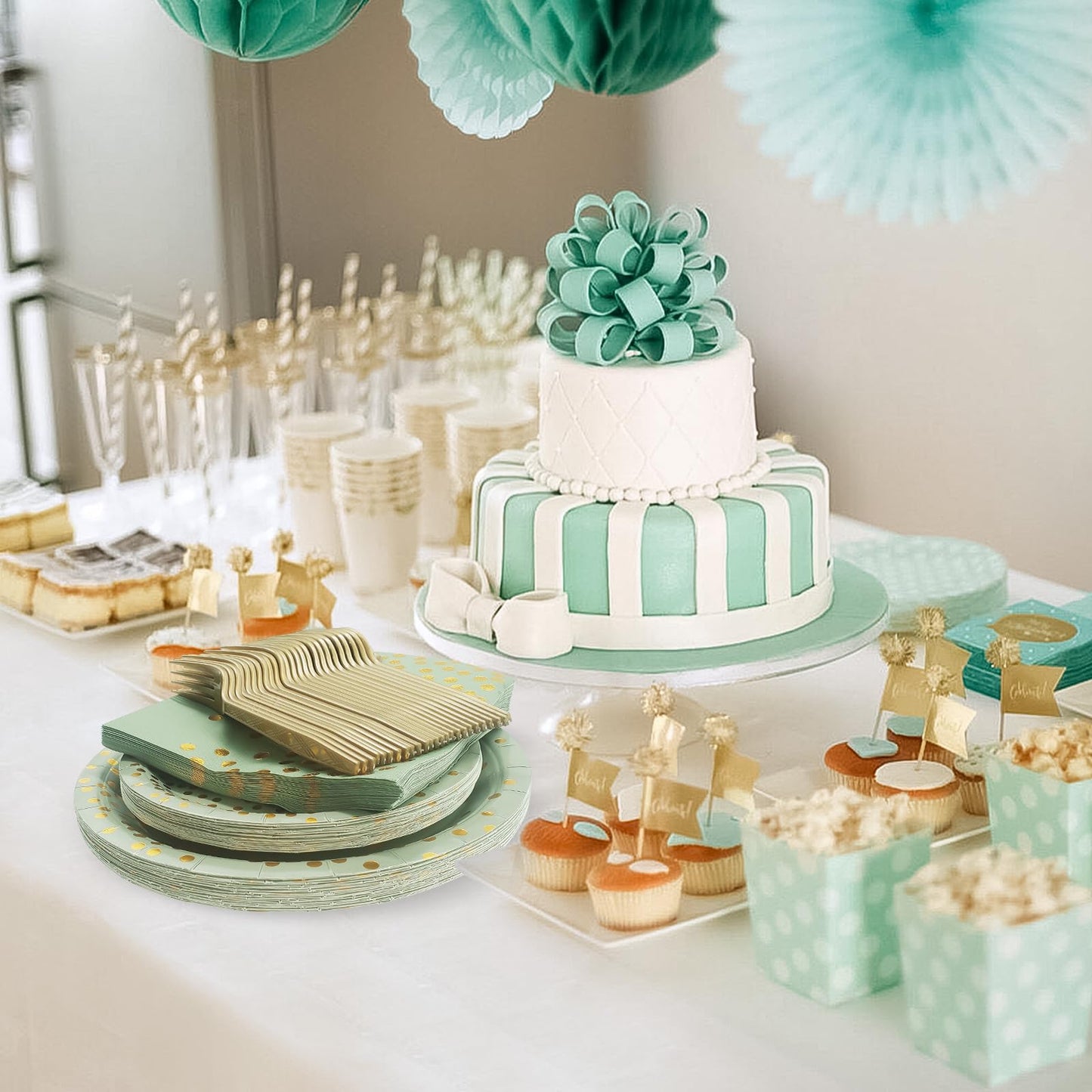 WYQJHKV Sage Green Plates and Napkins Party Supplies,Sage Green Paper Plates,Sage Green and Gold Party Plates for Wedding(Serve 25 Guests)